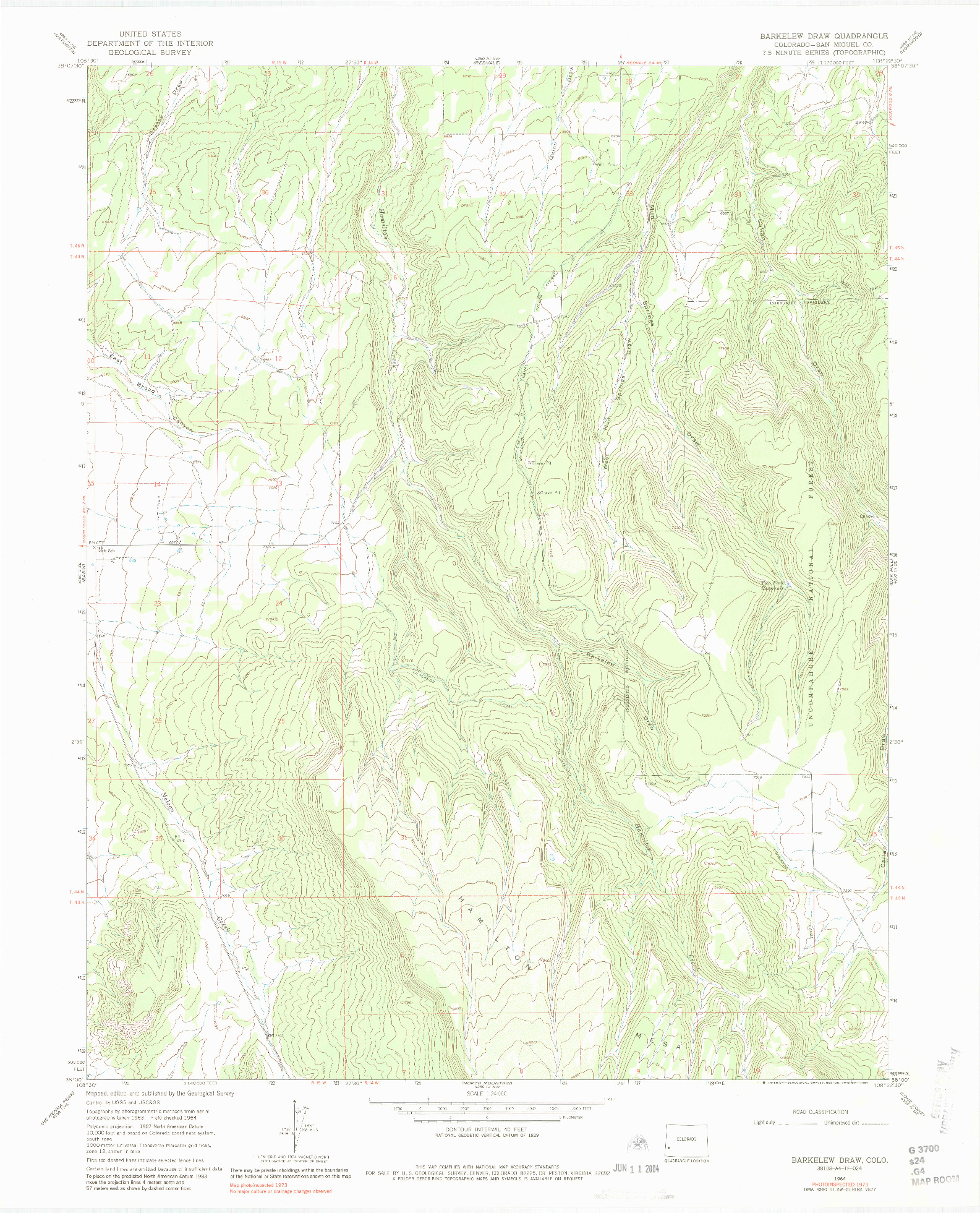 USGS 1:24000-SCALE QUADRANGLE FOR BARKELEW DRAW, CO 1964