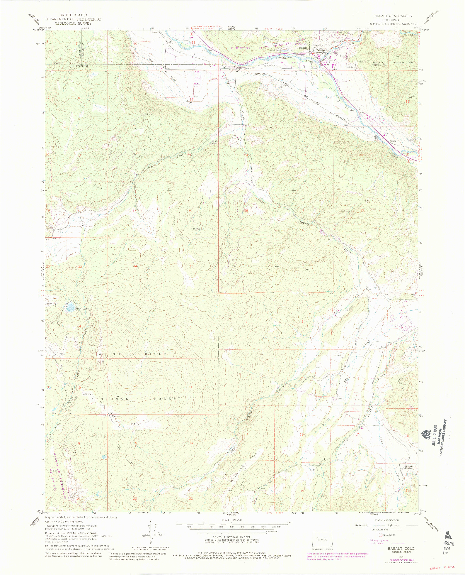 USGS 1:24000-SCALE QUADRANGLE FOR BASALT, CO 1961