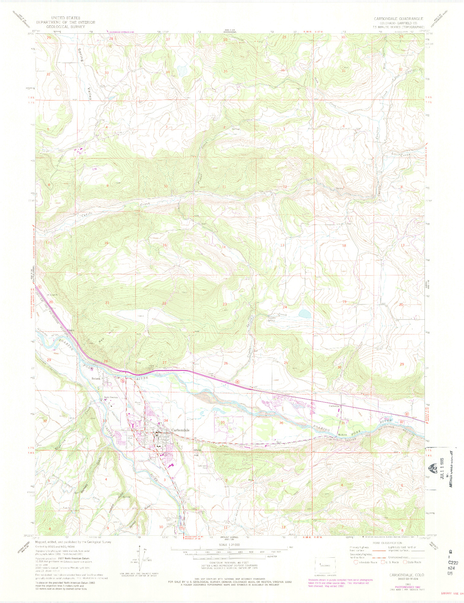 USGS 1:24000-SCALE QUADRANGLE FOR CARBONDALE, CO 1961