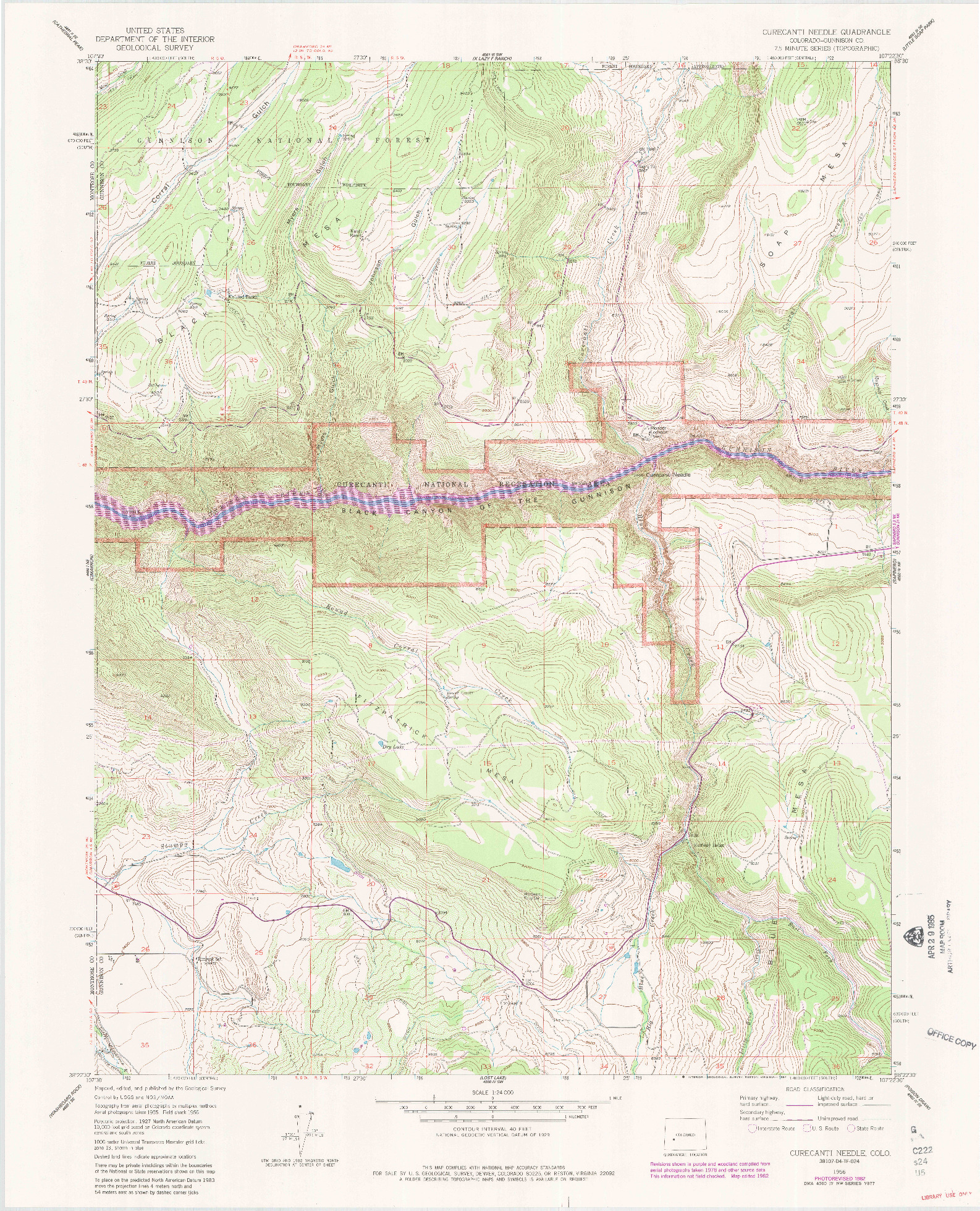 USGS 1:24000-SCALE QUADRANGLE FOR CURECANTI NEEDLE, CO 1956
