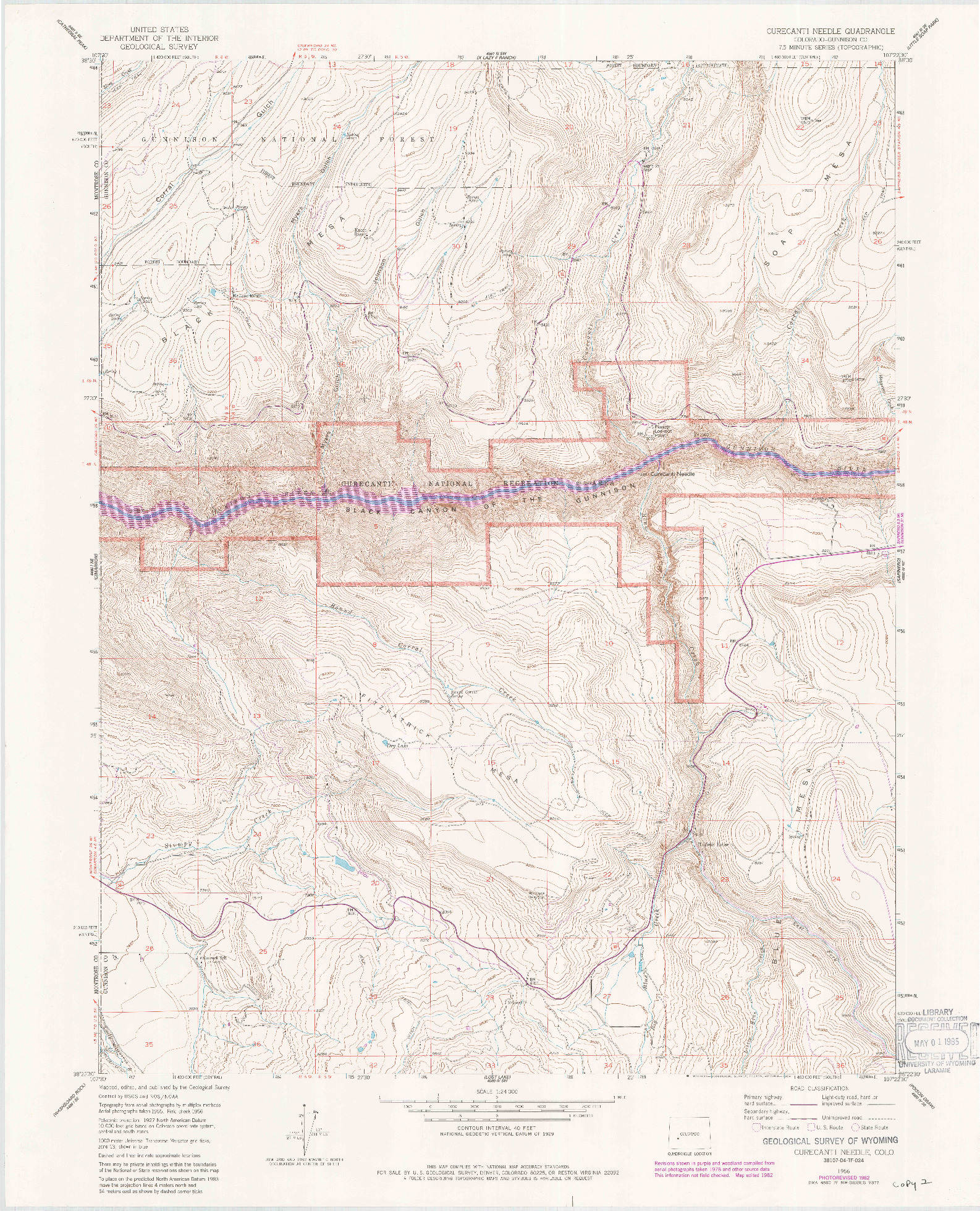 USGS 1:24000-SCALE QUADRANGLE FOR CURECANTI NEEDLE, CO 1956