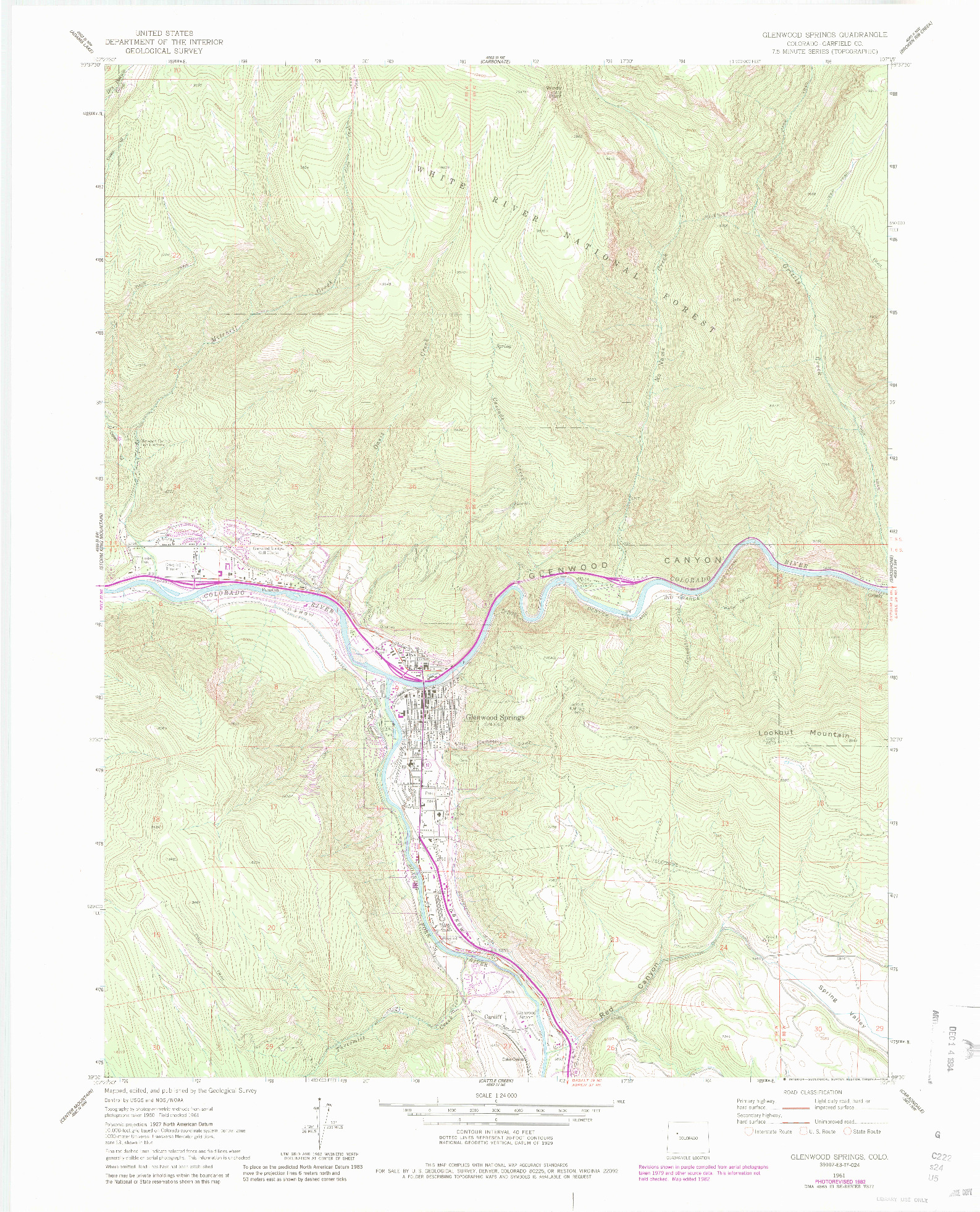 USGS 1:24000-SCALE QUADRANGLE FOR GLENWOOD SPRINGS, CO 1961