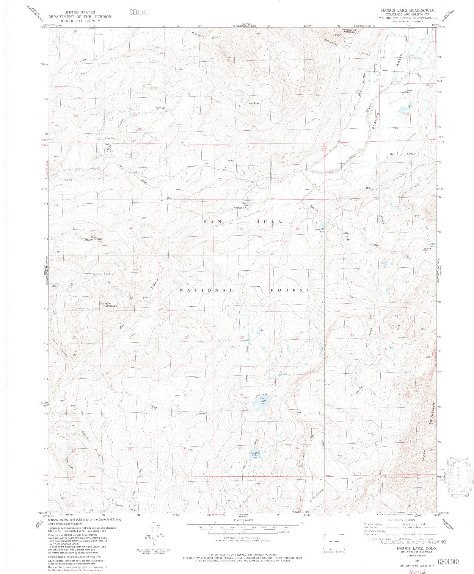 USGS 1:24000-SCALE QUADRANGLE FOR HARRIS LAKE, CO 1984