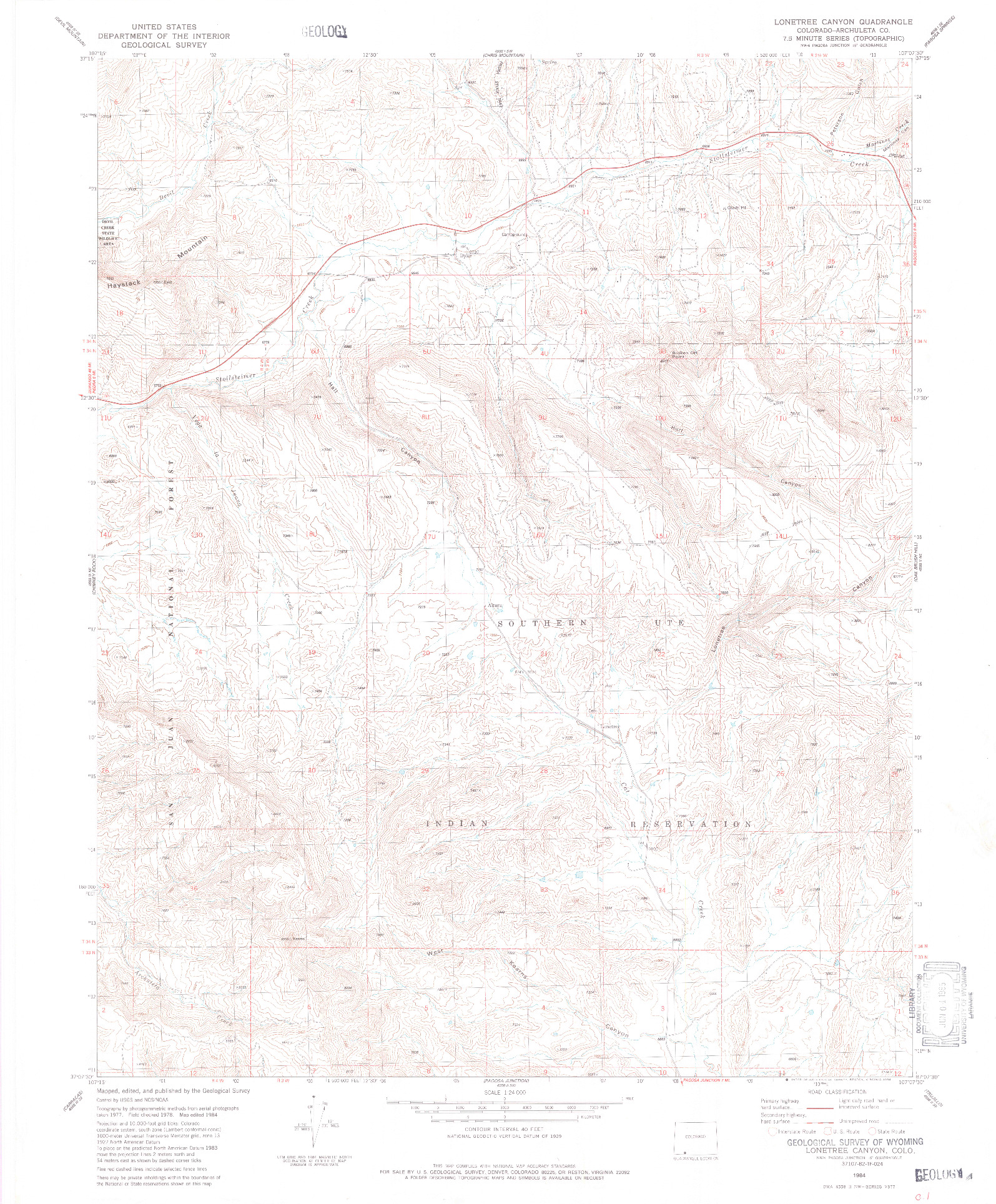 USGS 1:24000-SCALE QUADRANGLE FOR LONETREE CANYON, CO 1984