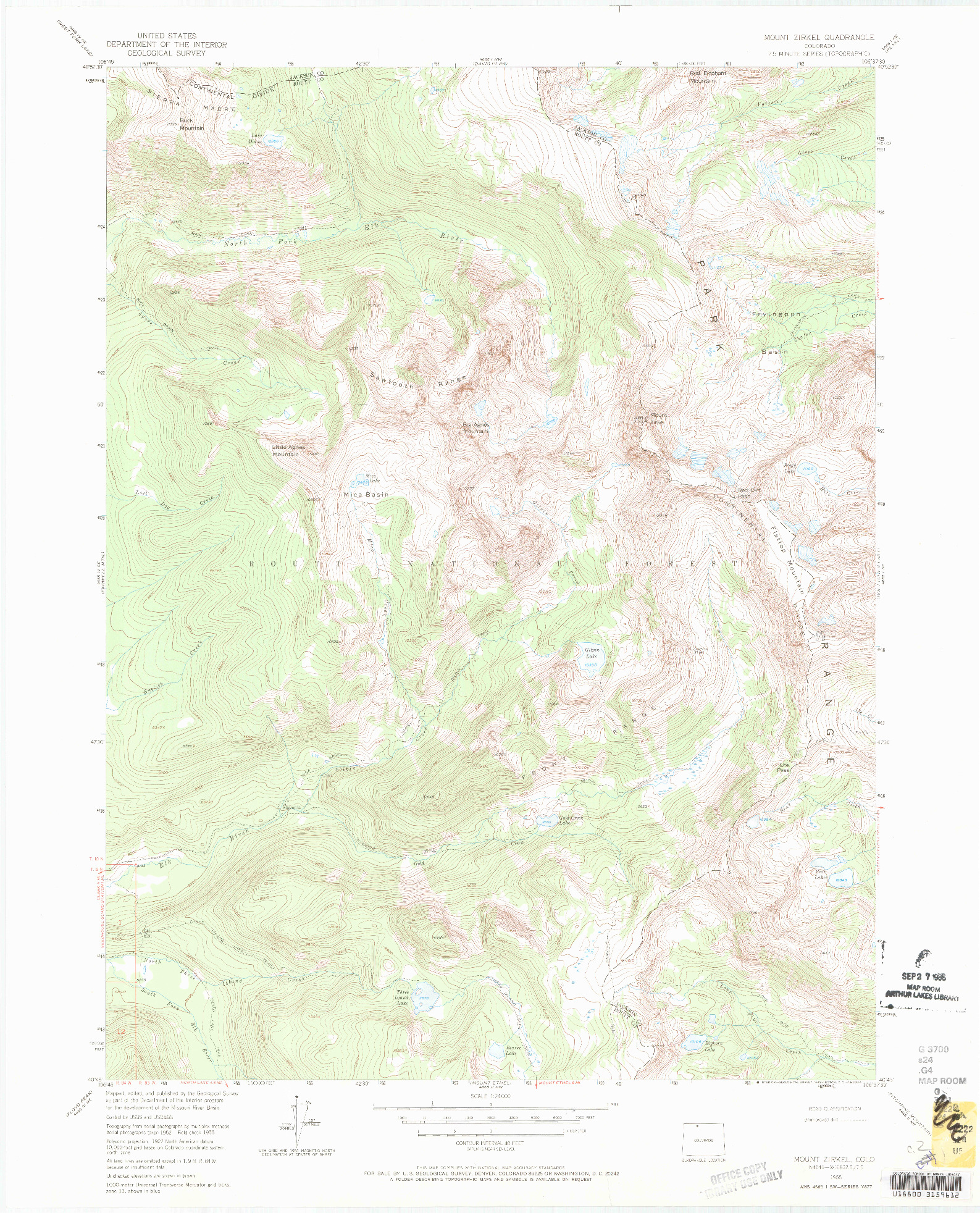 USGS 1:24000-SCALE QUADRANGLE FOR MOUNT ZIRKEL, CO 1955