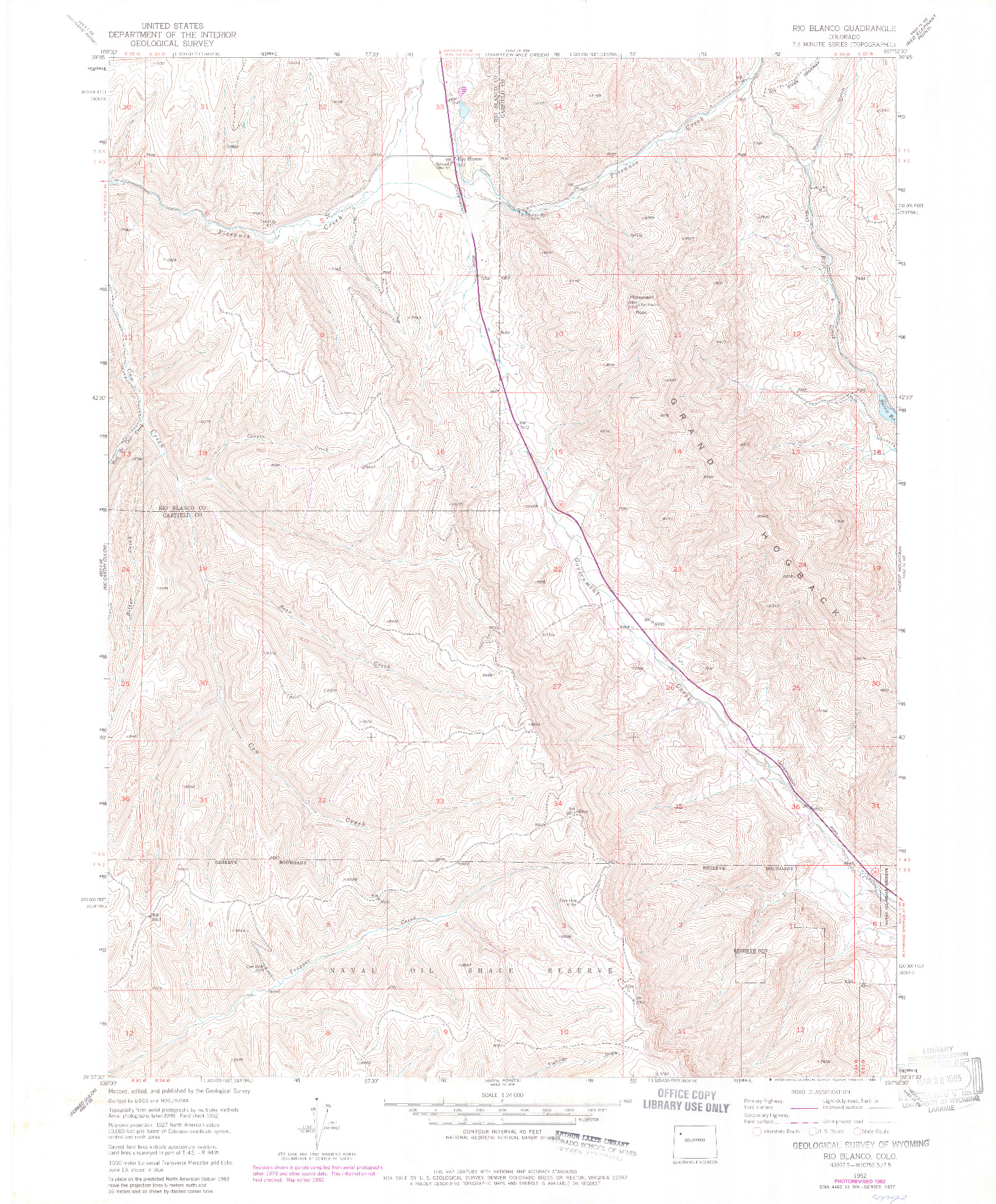 USGS 1:24000-SCALE QUADRANGLE FOR RIO BLANCO, CO 1952