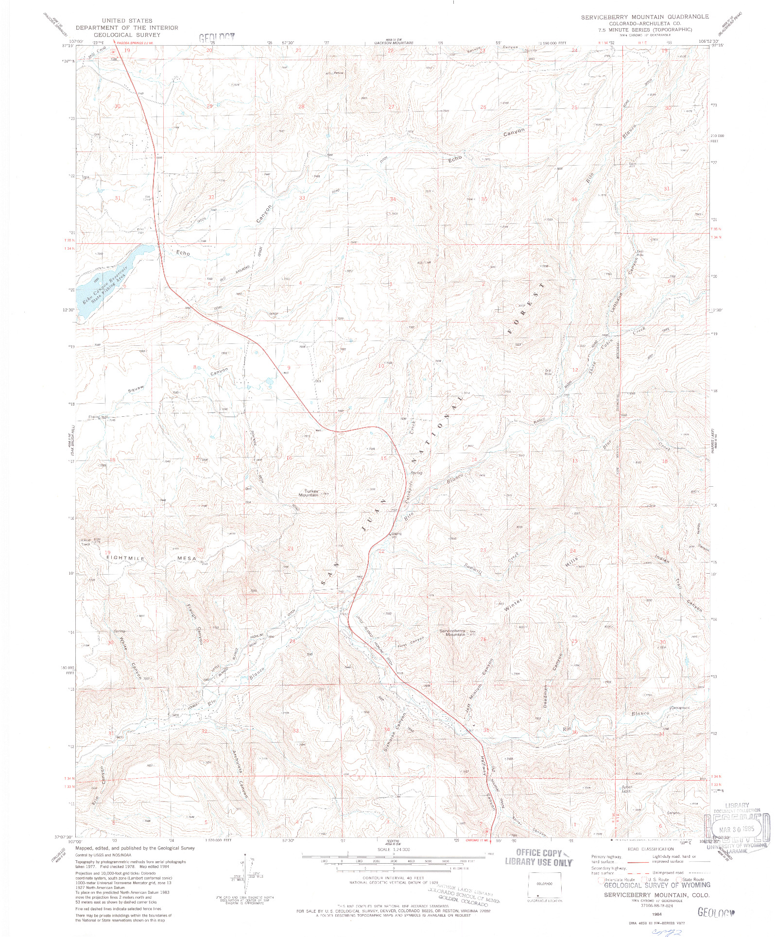 USGS 1:24000-SCALE QUADRANGLE FOR SERVICEBERRY MOUNTAIN, CO 1984