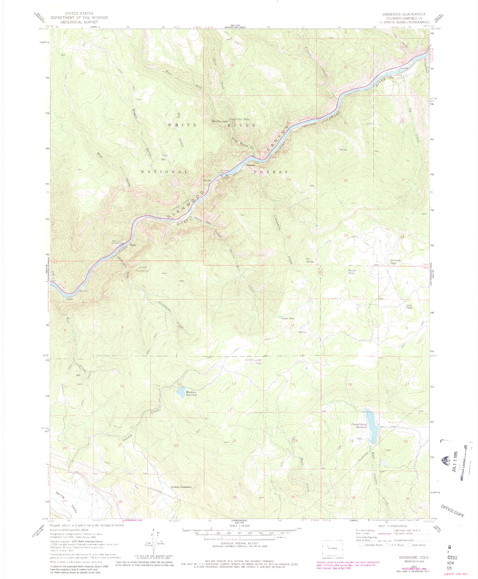 USGS 1:24000-SCALE QUADRANGLE FOR SHOSHONE, CO 1961
