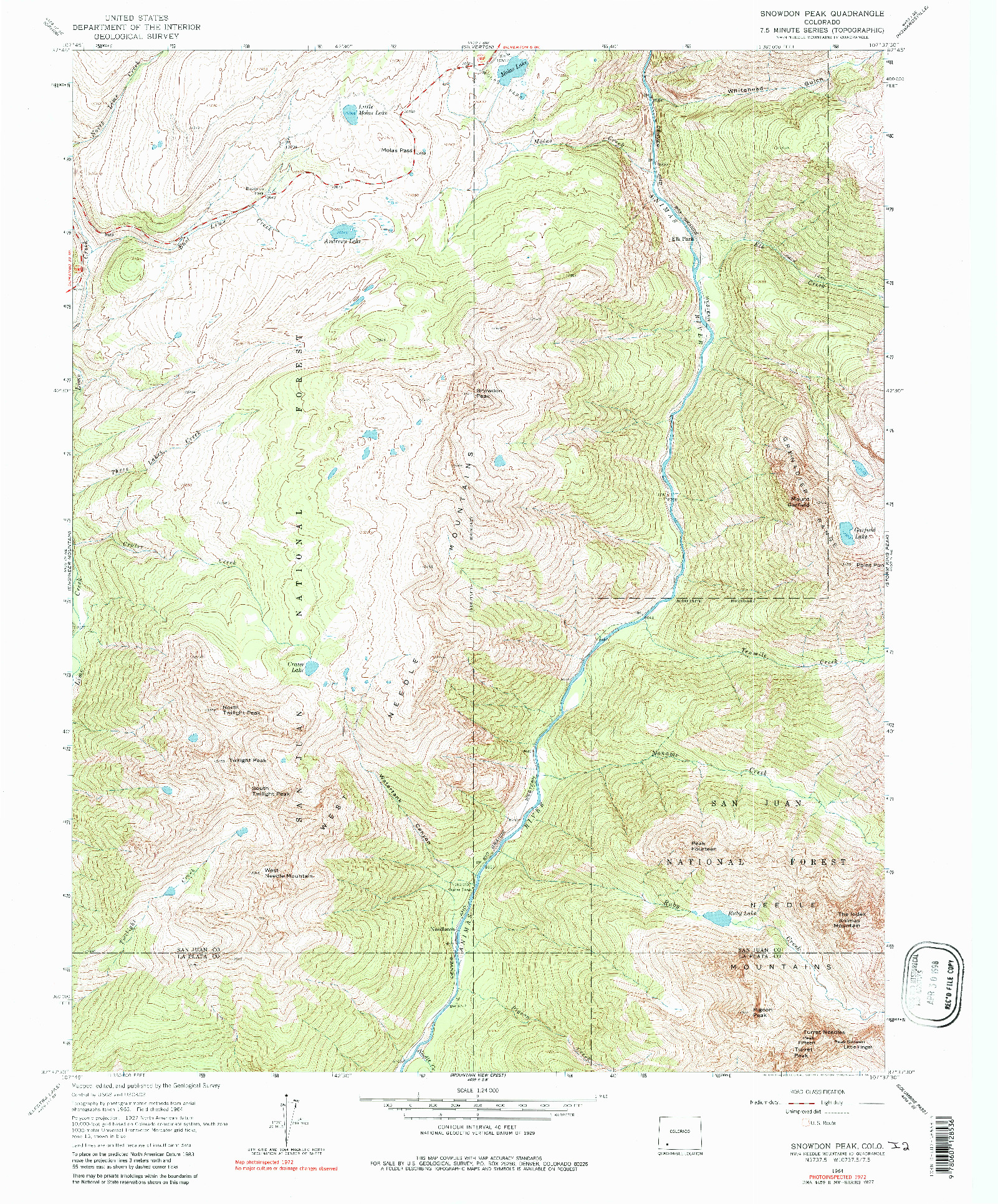 USGS 1:24000-SCALE QUADRANGLE FOR SNOWDON PEAK, CO 1964