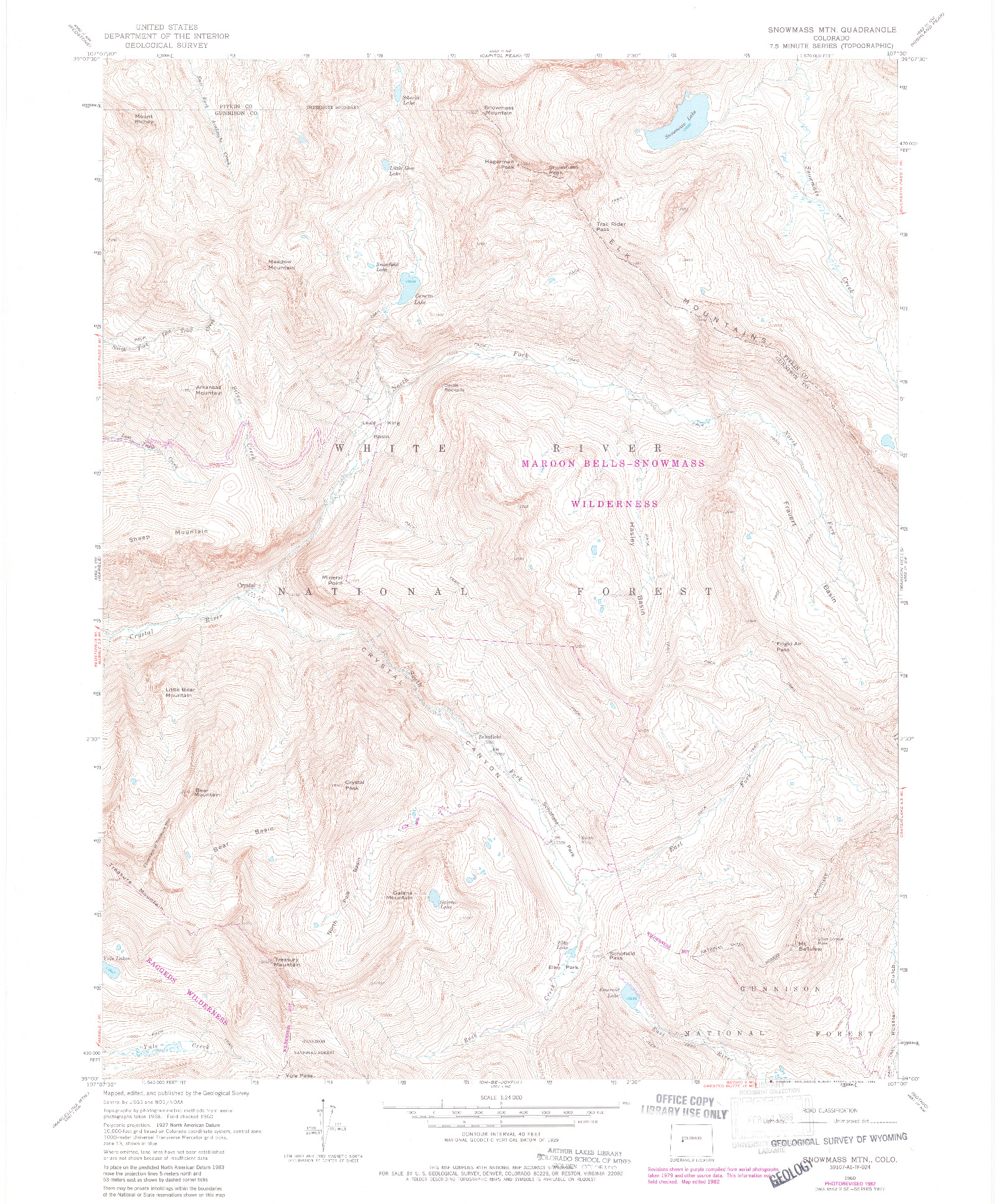 USGS 1:24000-SCALE QUADRANGLE FOR SNOWMASS MOUNTAIN, CO 1960