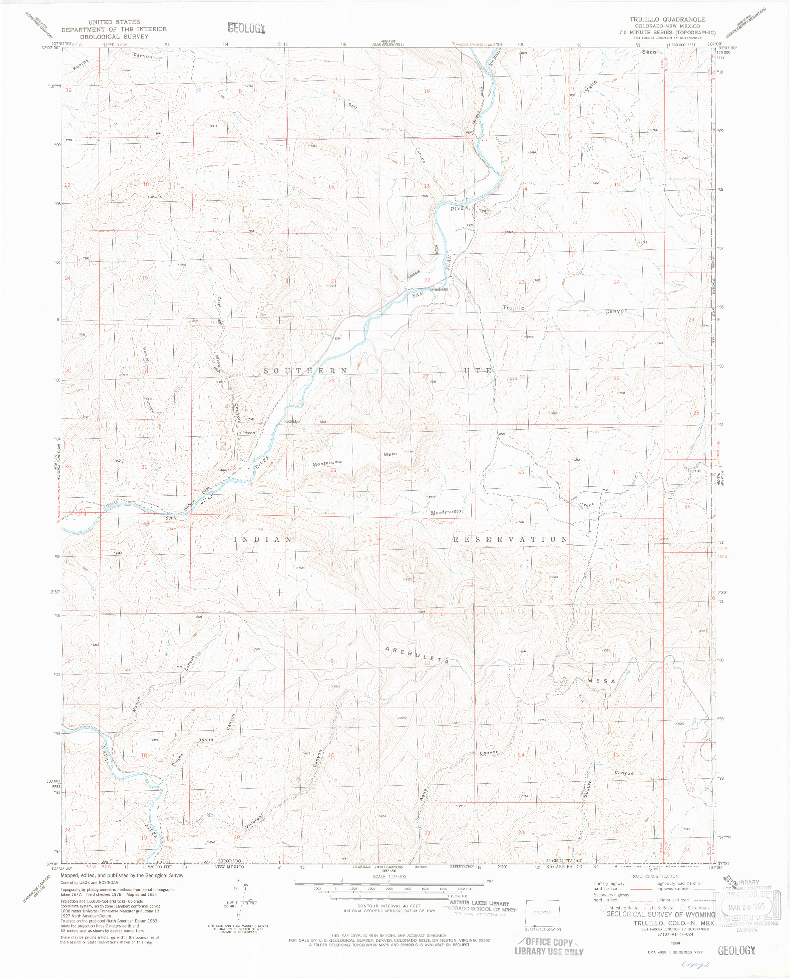 USGS 1:24000-SCALE QUADRANGLE FOR TRUJILLO, CO 1984