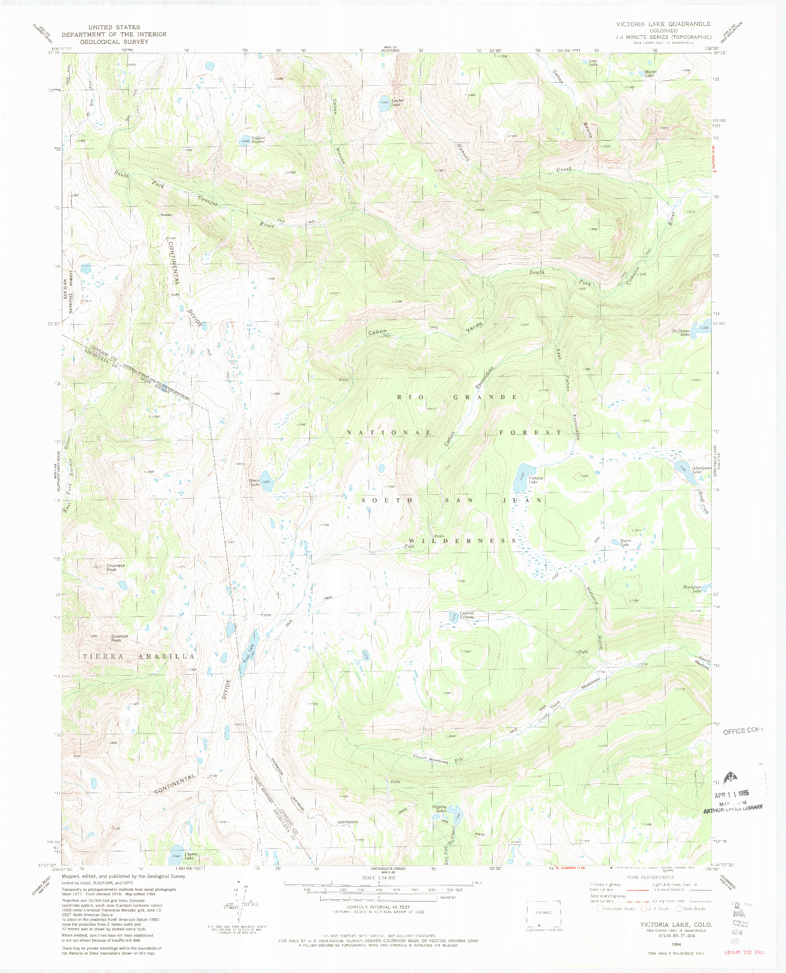 USGS 1:24000-SCALE QUADRANGLE FOR VICTORIA LAKE, CO 1984