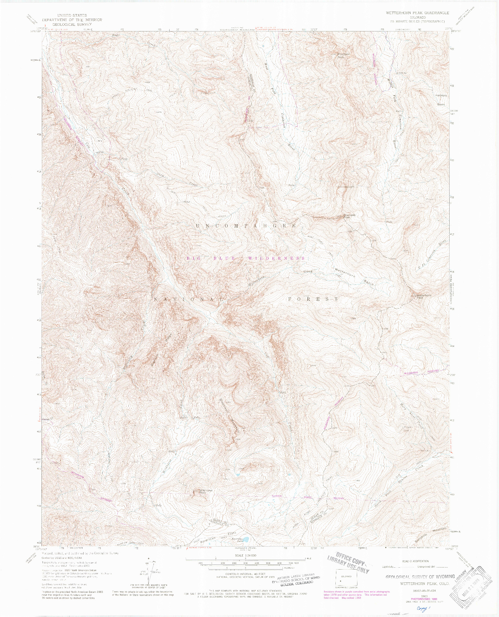 USGS 1:24000-SCALE QUADRANGLE FOR WETTERHORN PEAK, CO 1963