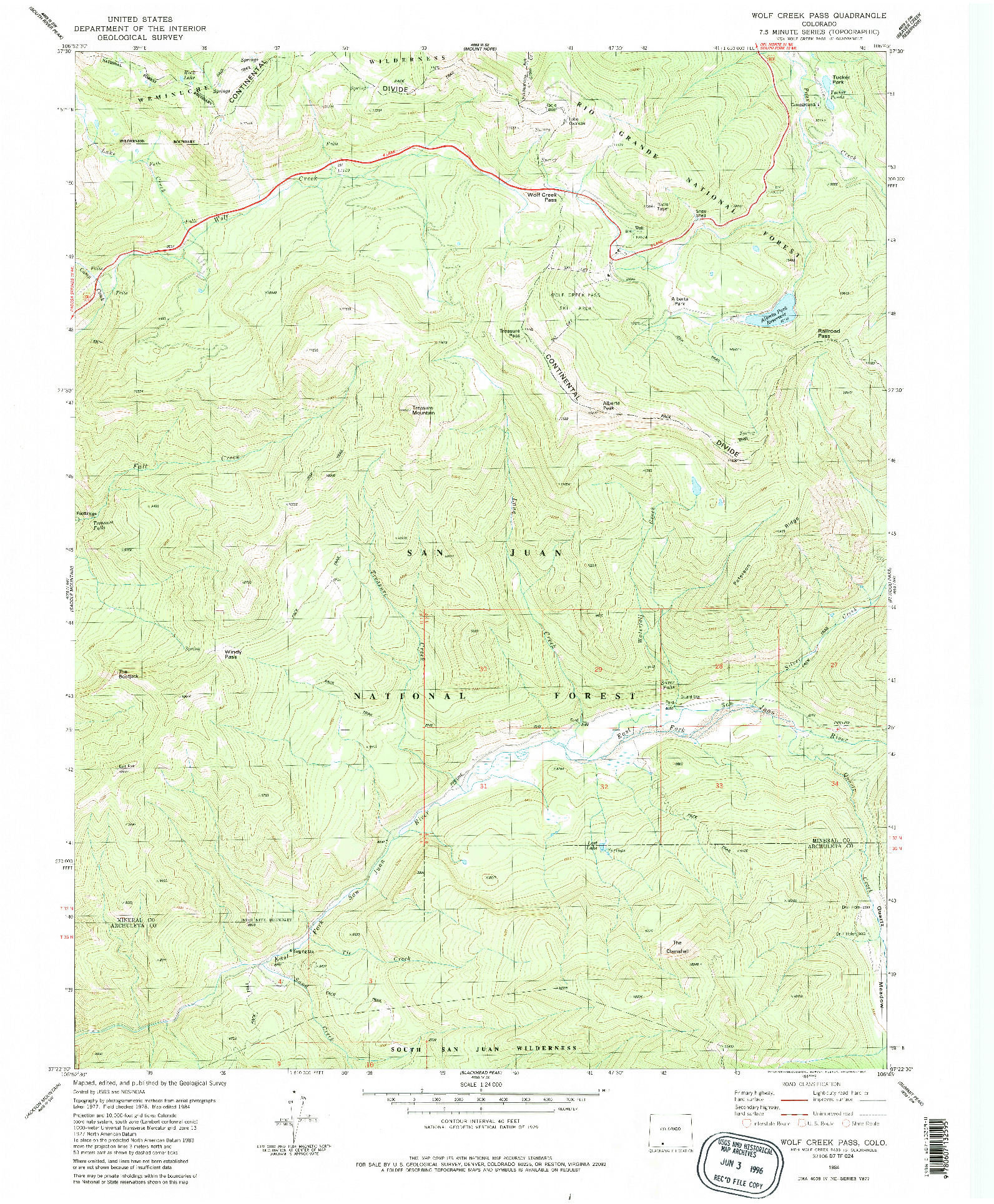 USGS 1:24000-SCALE QUADRANGLE FOR WOLF CREEK PASS, CO 1984