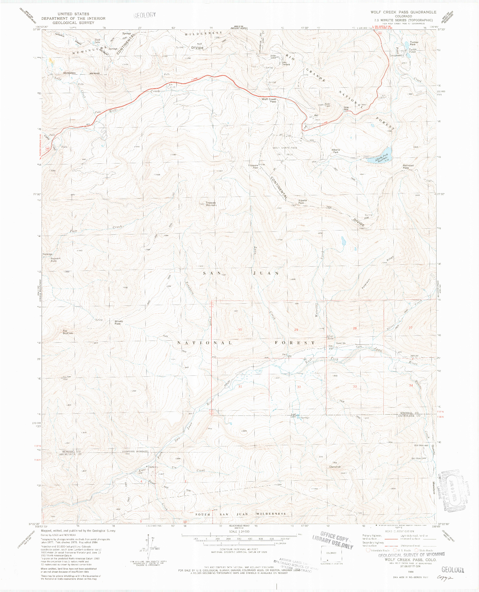 USGS 1:24000-SCALE QUADRANGLE FOR WOLF CREEK PASS, CO 1984