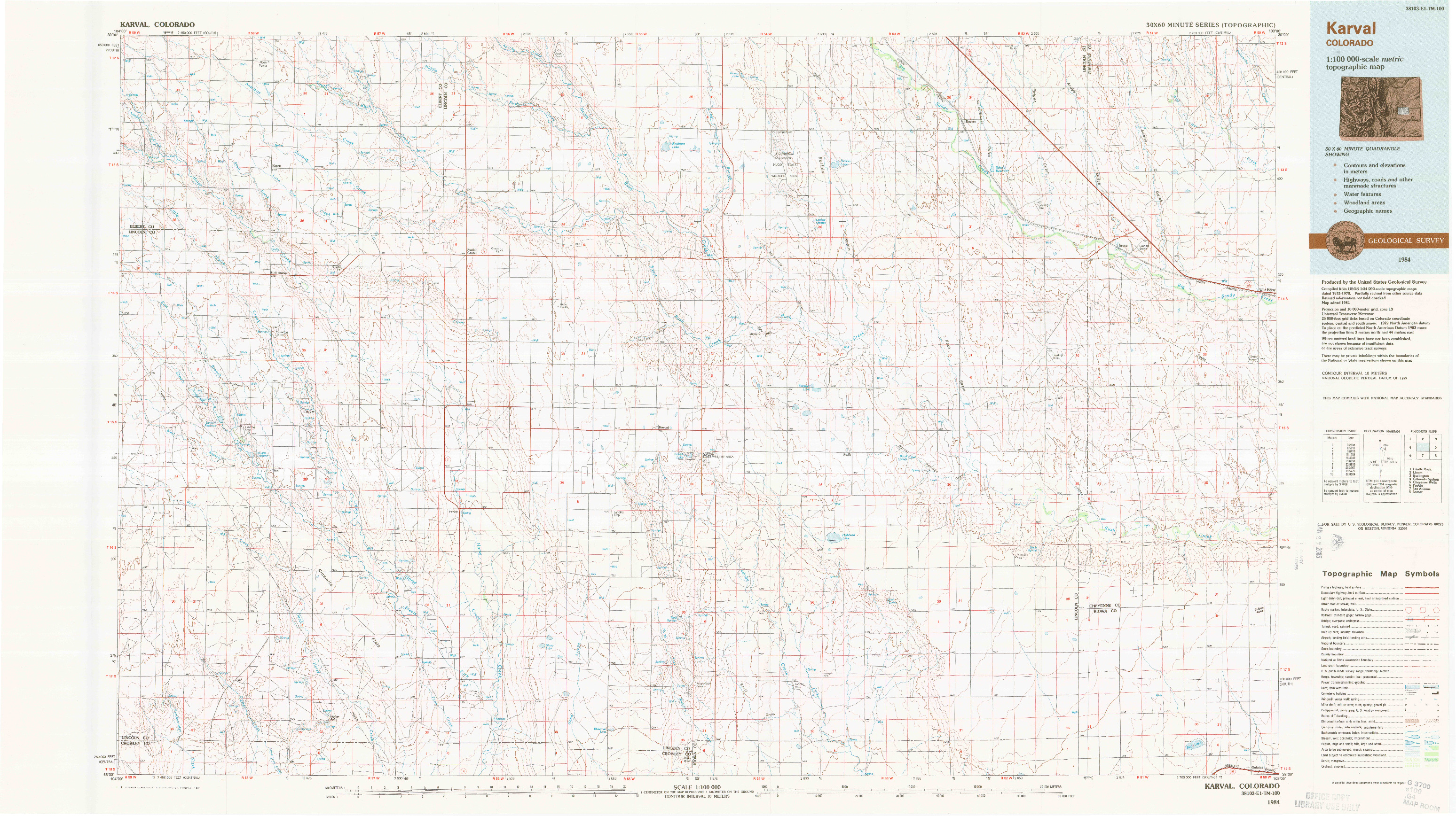 USGS 1:100000-SCALE QUADRANGLE FOR KARVAL, CO 1984