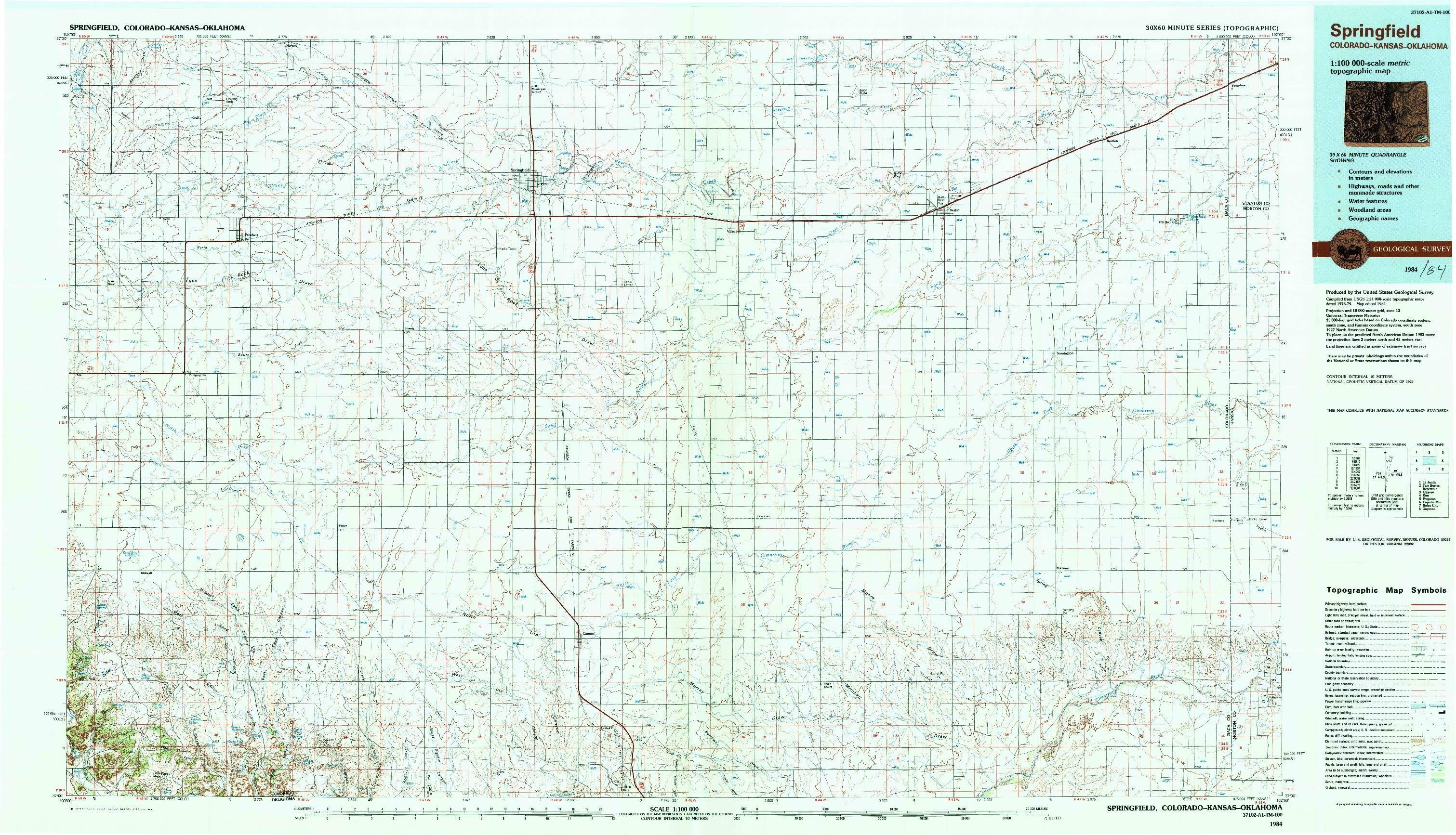 USGS 1:100000-SCALE QUADRANGLE FOR SPRINGFIELD, CO 1984