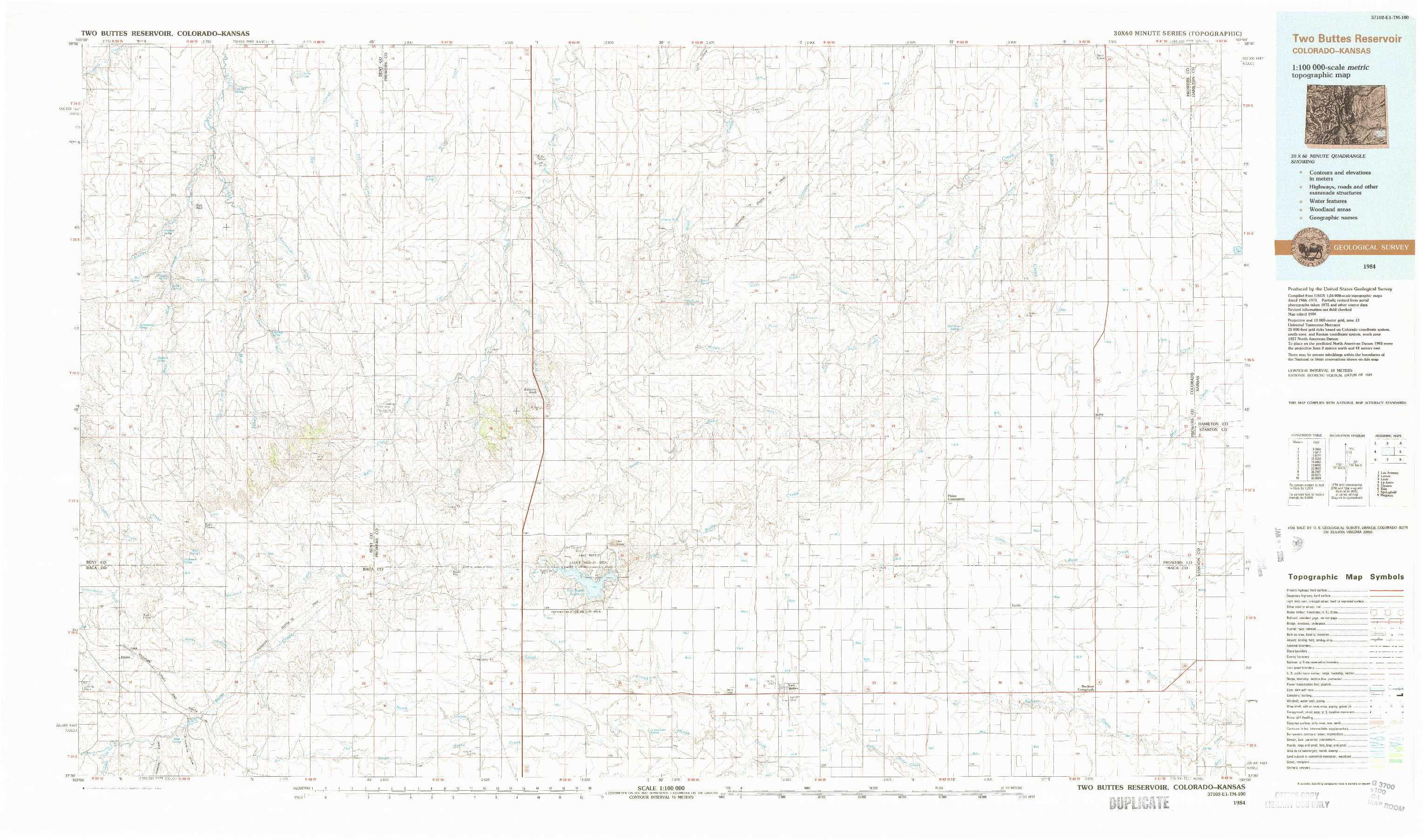 USGS 1:100000-SCALE QUADRANGLE FOR TWO BUTTES RESERVOIR, CO 1984