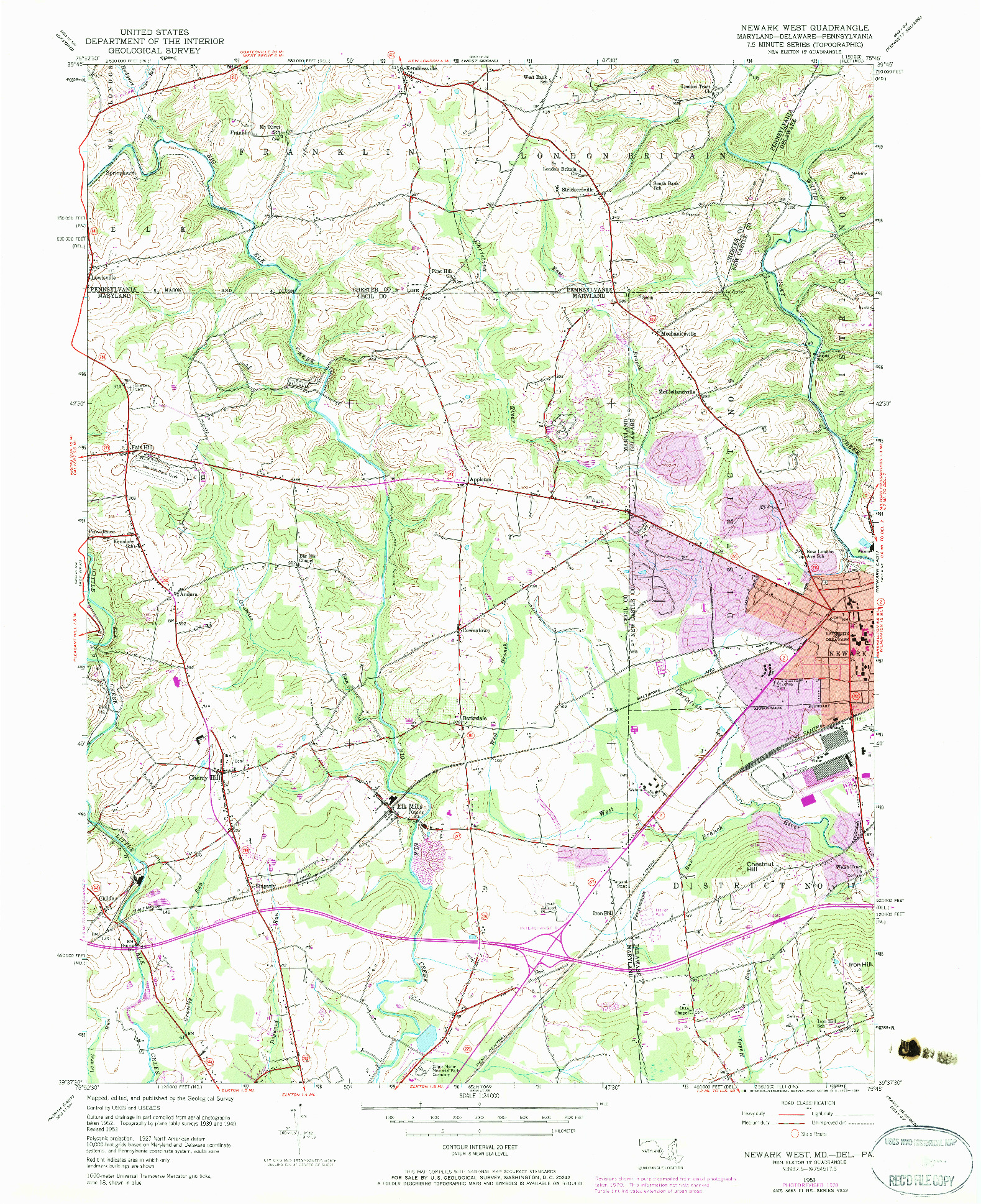 USGS 1:24000-SCALE QUADRANGLE FOR NEWARK WEST, MD 1953