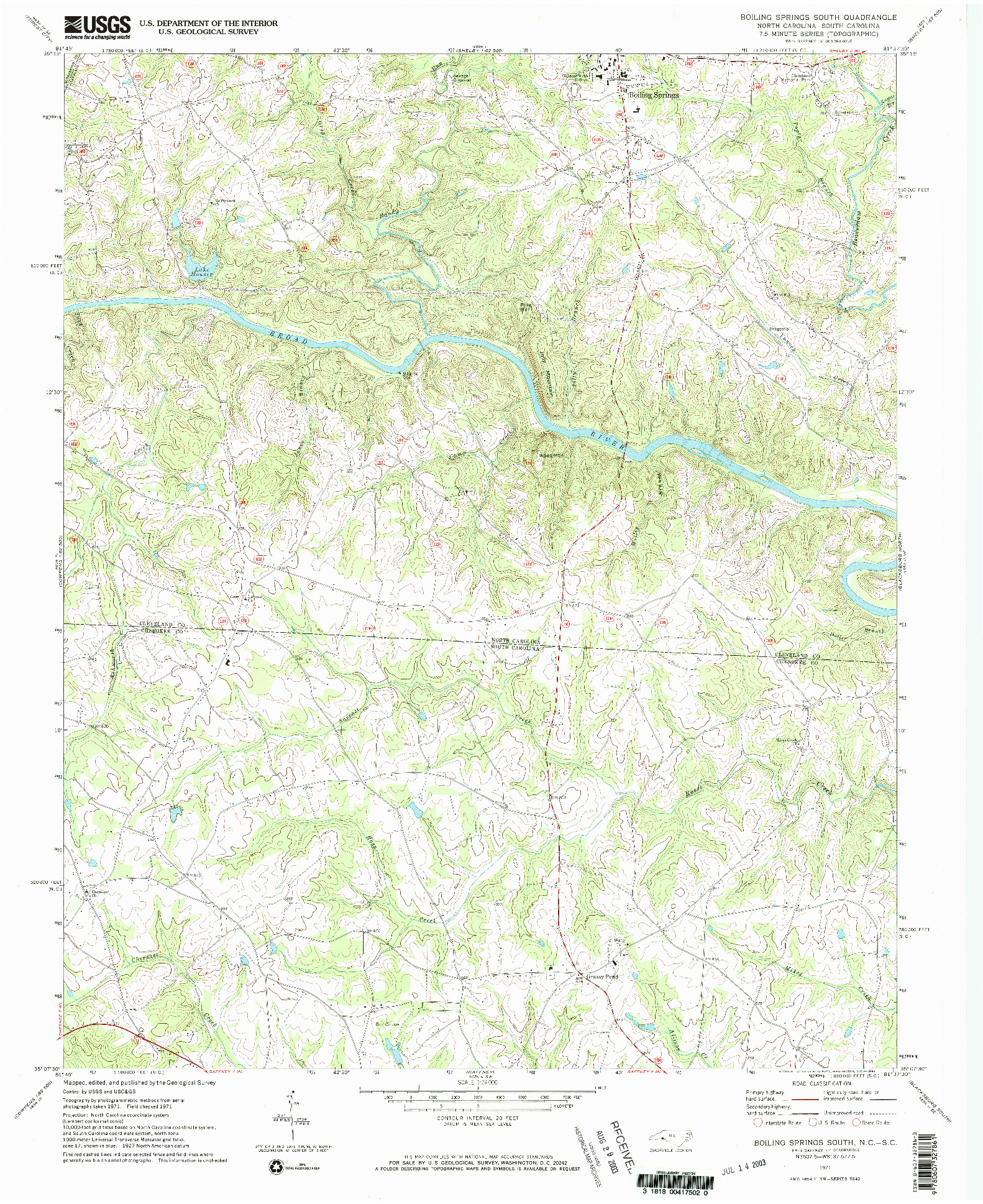 USGS 1:24000-SCALE QUADRANGLE FOR BOILING SPRINGS SOUTH, NC 1971