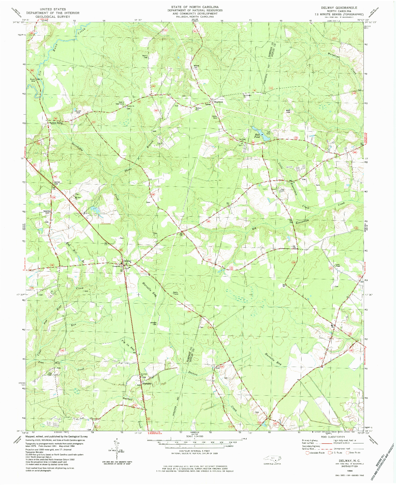 USGS 1:24000-SCALE QUADRANGLE FOR DELWAY, NC 1984