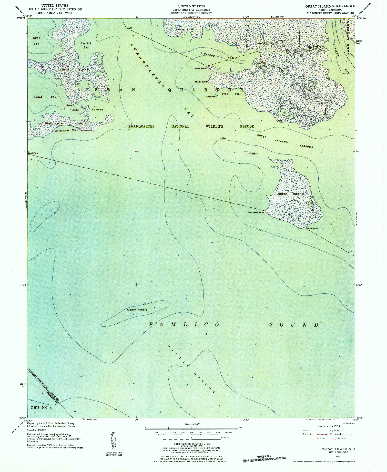 USGS 1:24000-SCALE QUADRANGLE FOR GREAT ISLAND, NC 1951