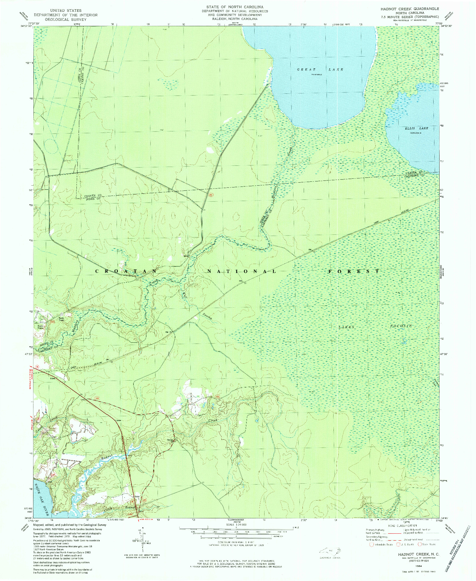 USGS 1:24000-SCALE QUADRANGLE FOR HADNOT CREEK, NC 1984
