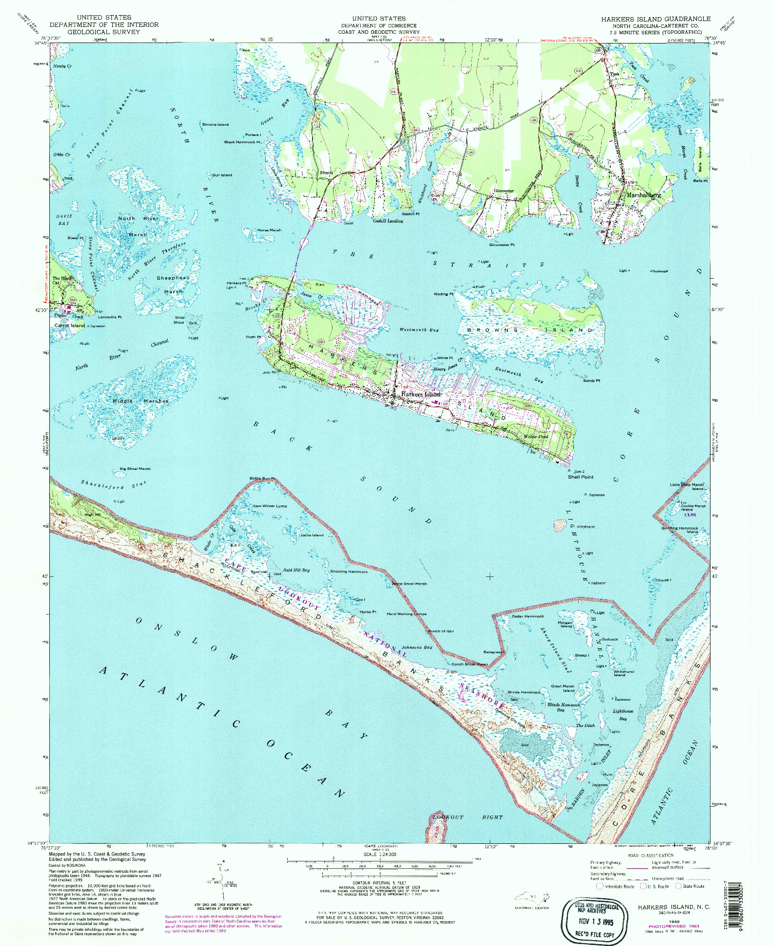 USGS 1:24000-SCALE QUADRANGLE FOR HARKERS ISLAND, NC 1949