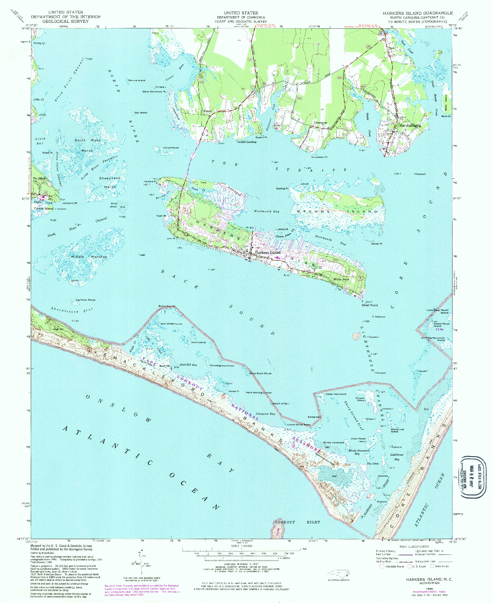 USGS 1:24000-SCALE QUADRANGLE FOR HARKERS ISLAND, NC 1949