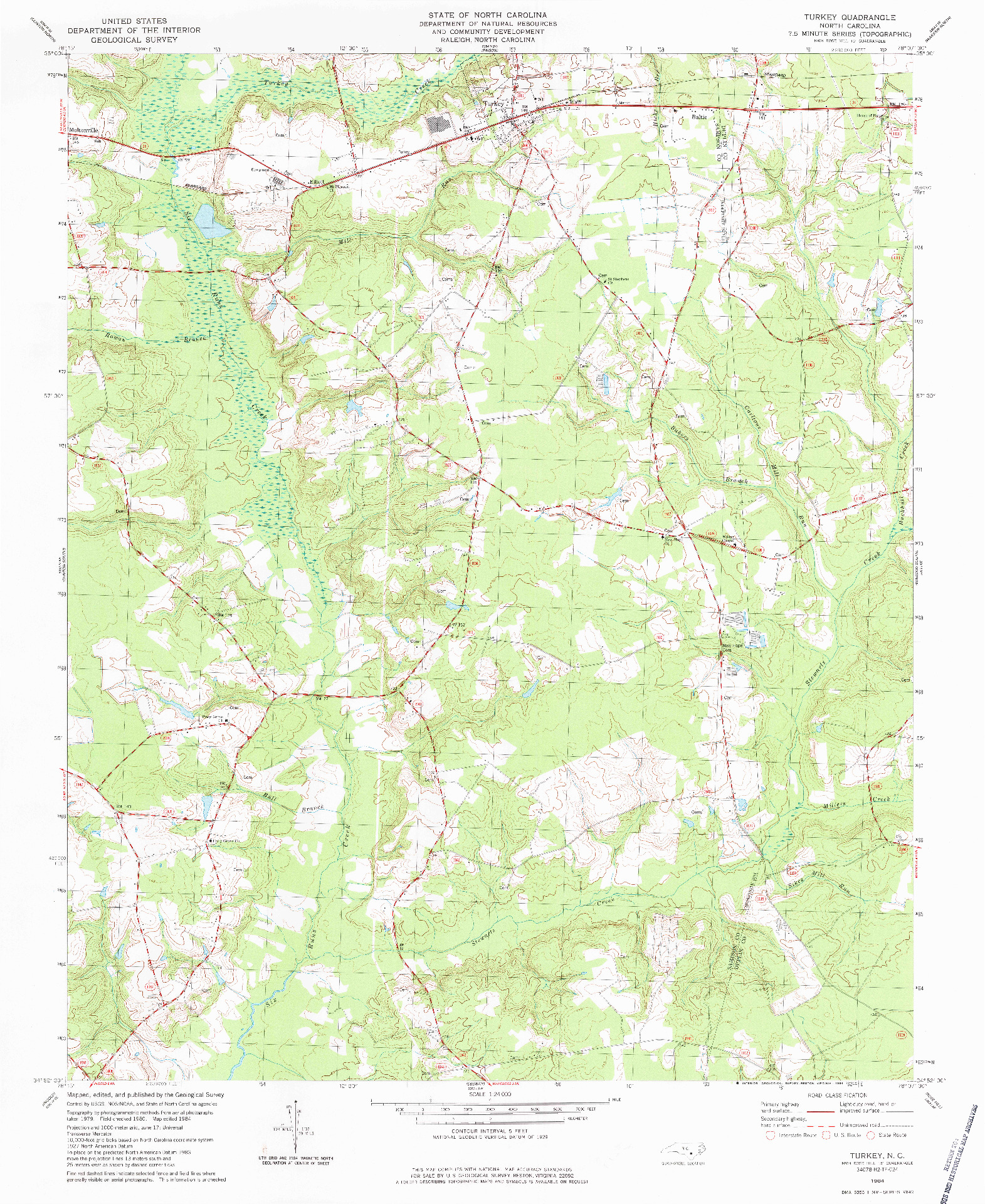 USGS 1:24000-SCALE QUADRANGLE FOR TURKEY, NC 1984