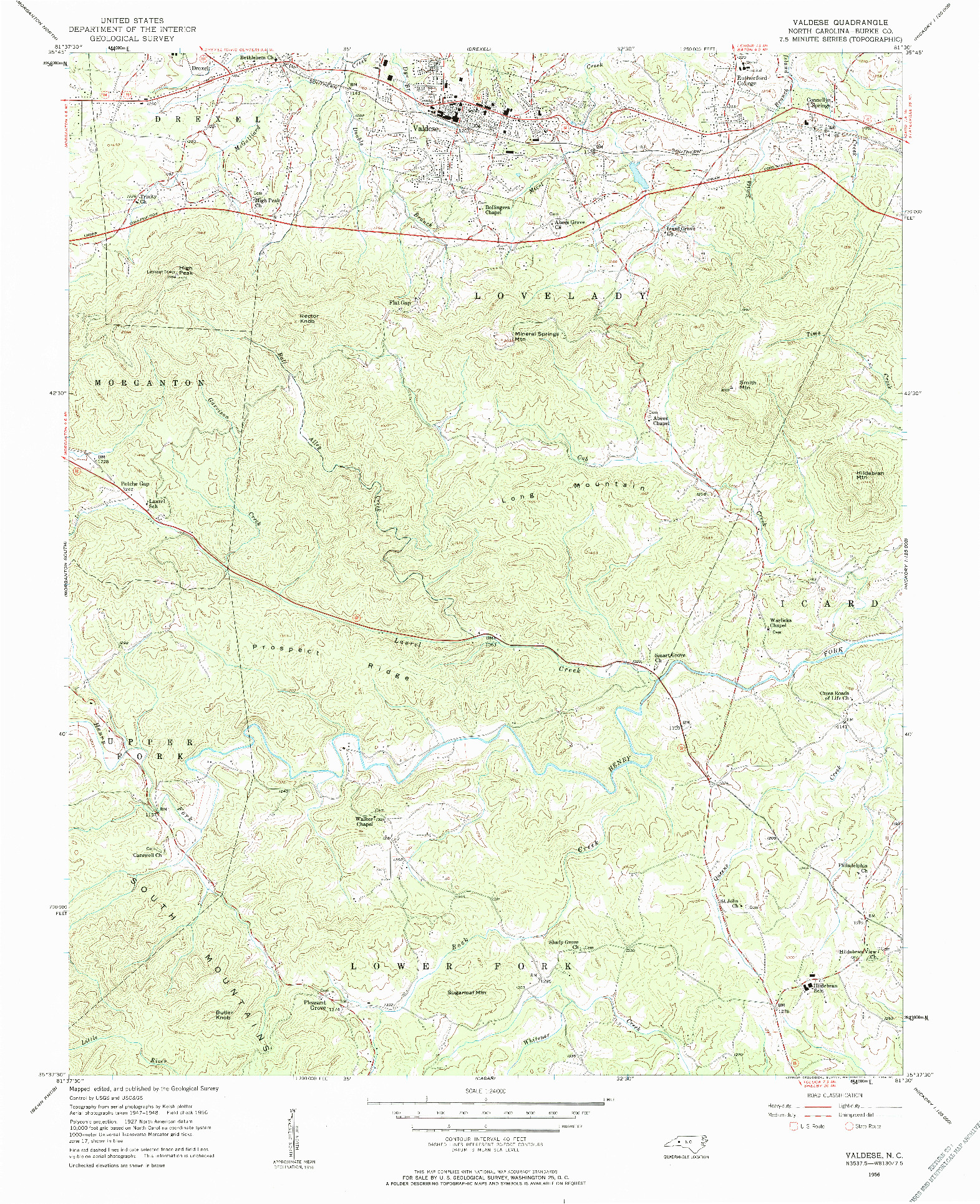 USGS 1:24000-SCALE QUADRANGLE FOR VALDESE, NC 1956