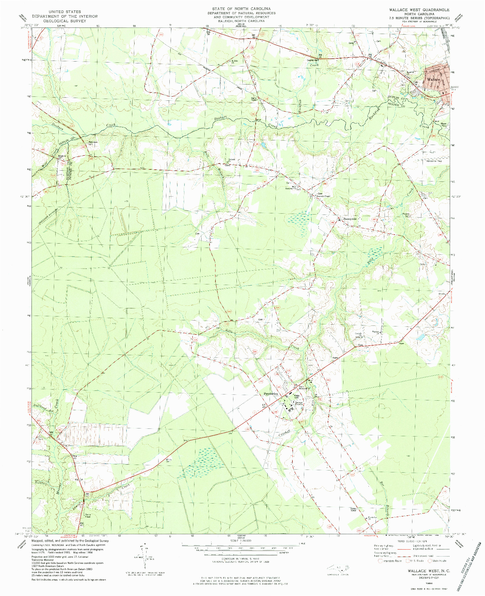 USGS 1:24000-SCALE QUADRANGLE FOR WALLACE WEST, NC 1984