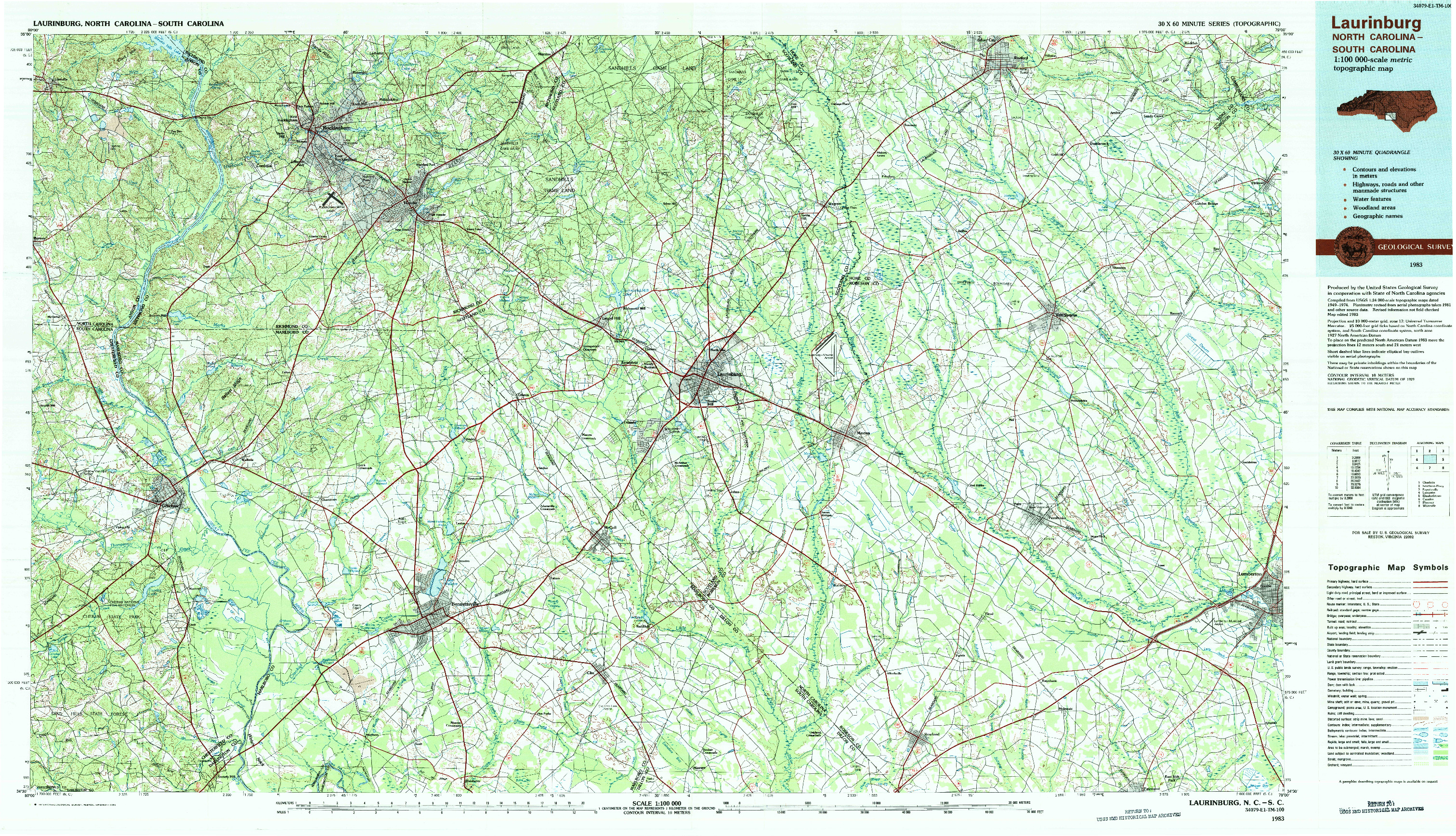 USGS 1:100000-SCALE QUADRANGLE FOR LAURINBURG, NC 1983