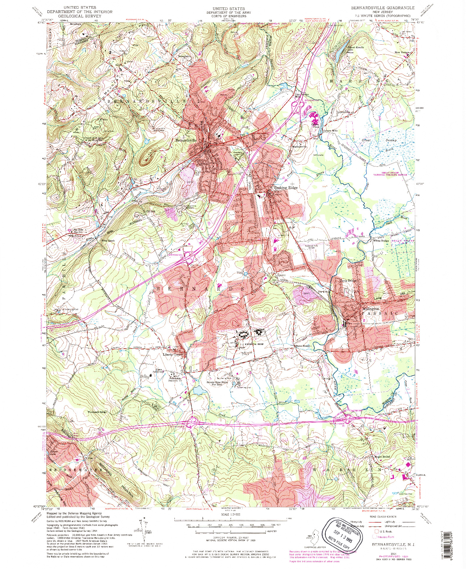 USGS 1:24000-SCALE QUADRANGLE FOR BERNARDSVILLE, NJ 1954