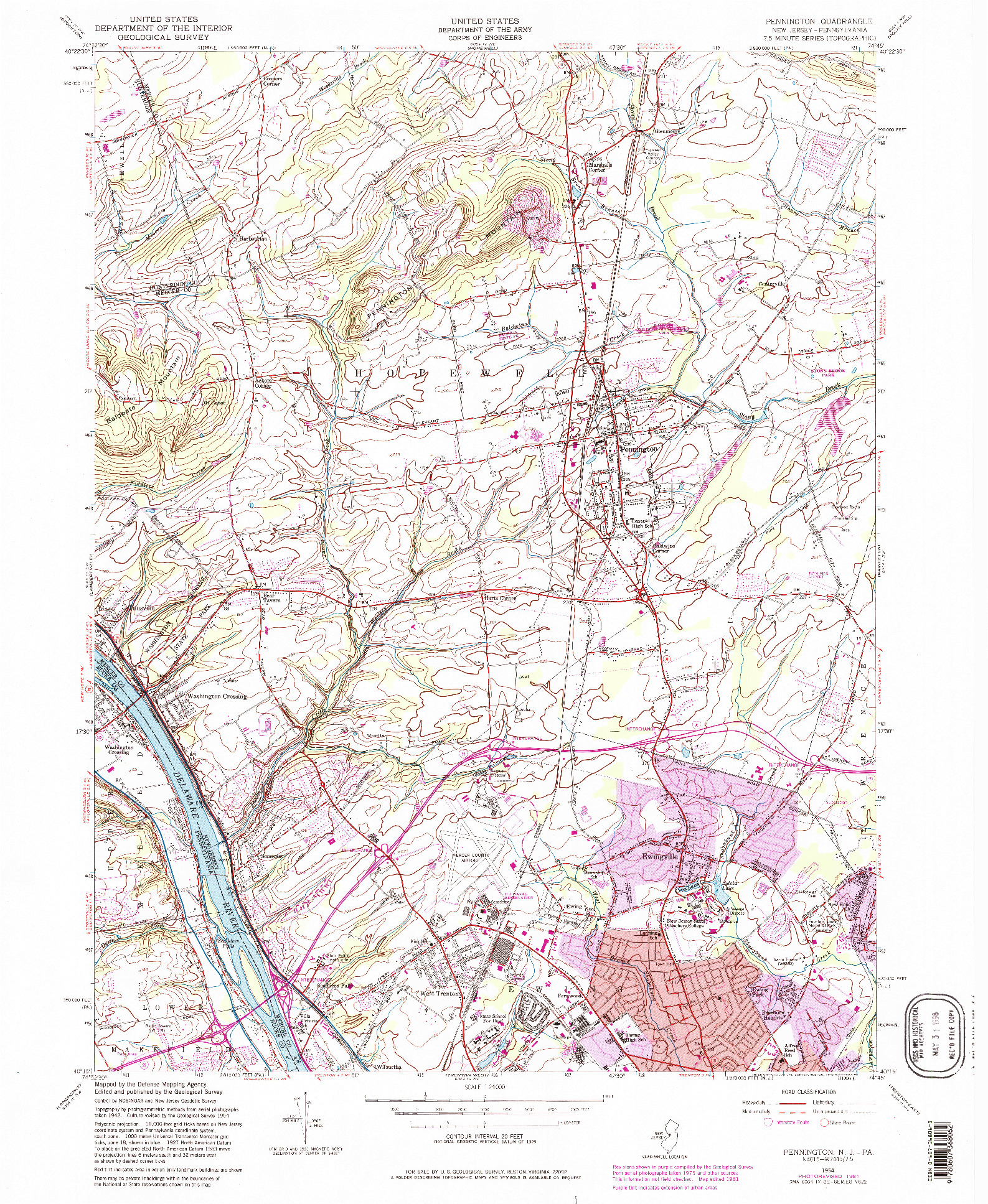USGS 1:24000-SCALE QUADRANGLE FOR PENNINGTON, NJ 1954