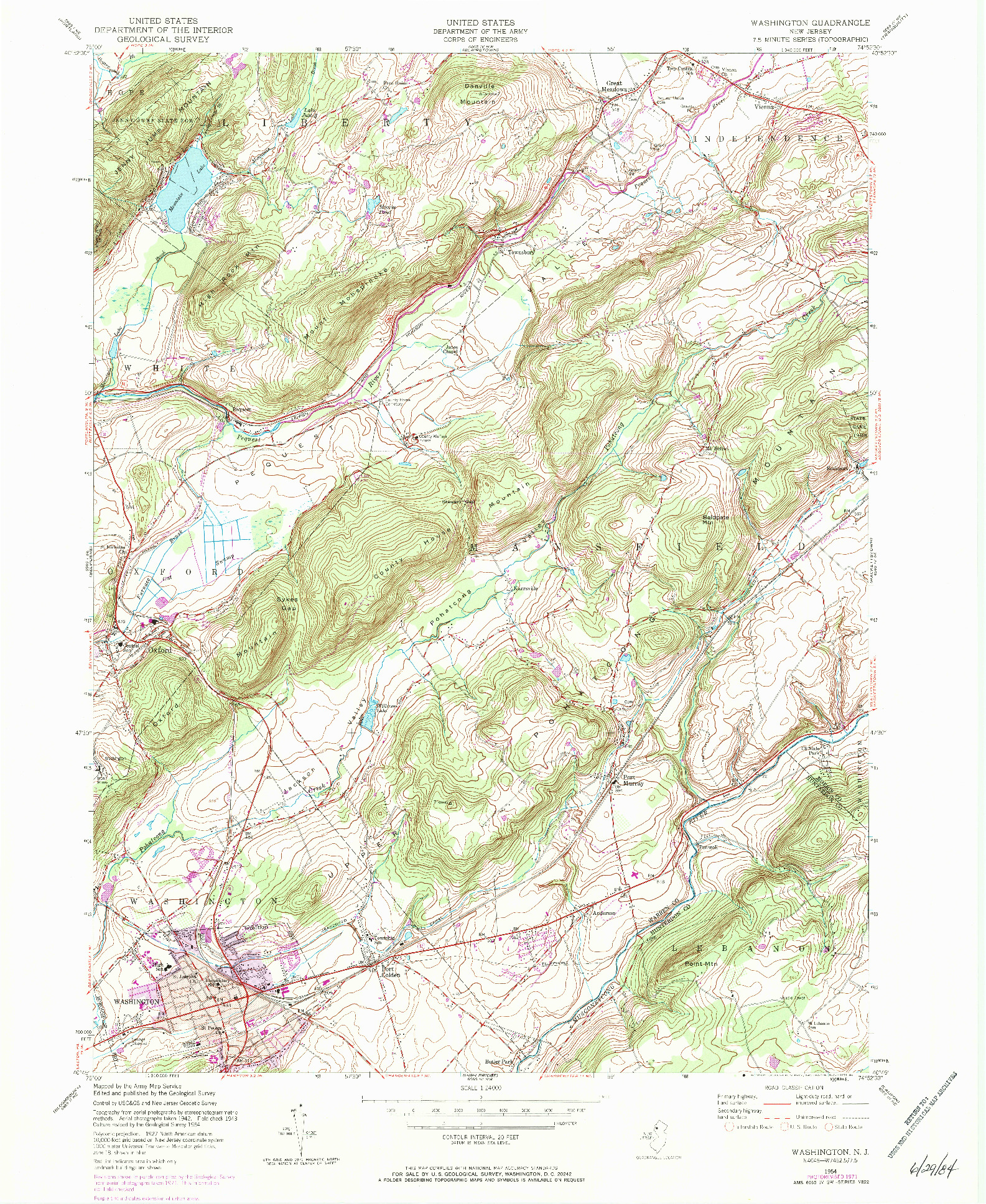 USGS 1:24000-SCALE QUADRANGLE FOR WASHINGTON, NJ 1954