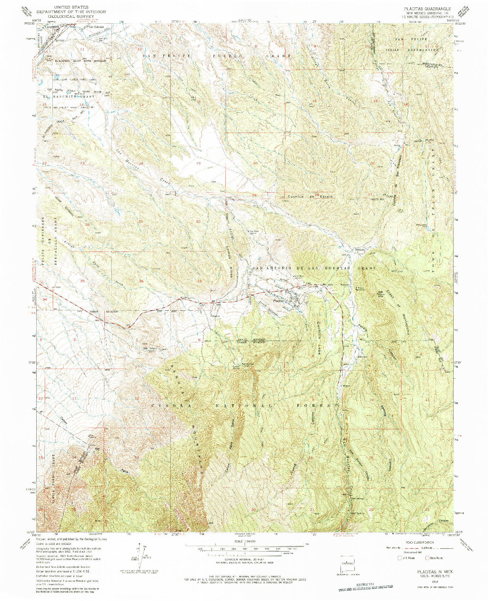 USGS 1:24000-SCALE QUADRANGLE FOR PLACITAS, NM 1954