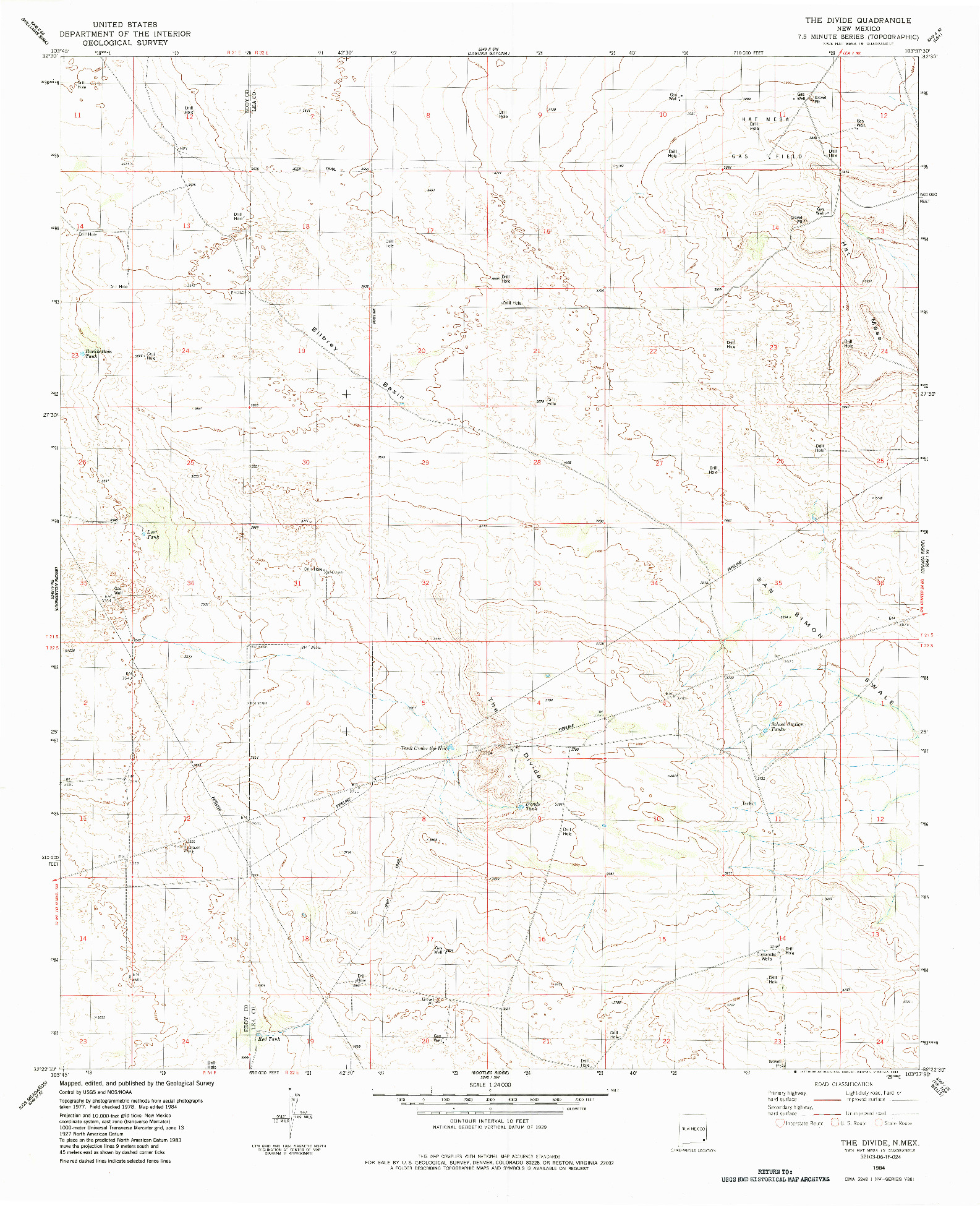 USGS 1:24000-SCALE QUADRANGLE FOR THE DIVIDE, NM 1984