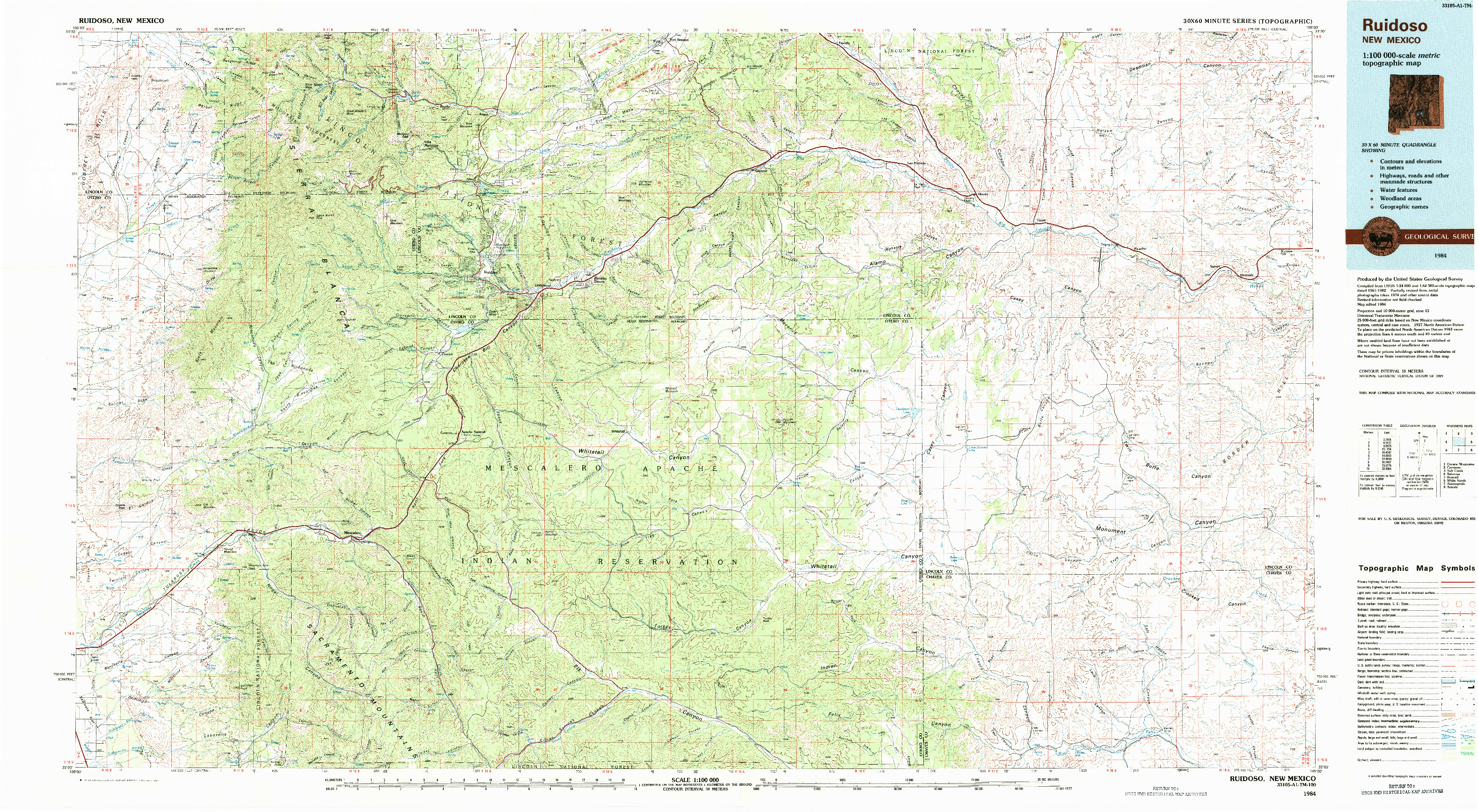 USGS 1:100000-SCALE QUADRANGLE FOR RUIDOSO, NM 1984