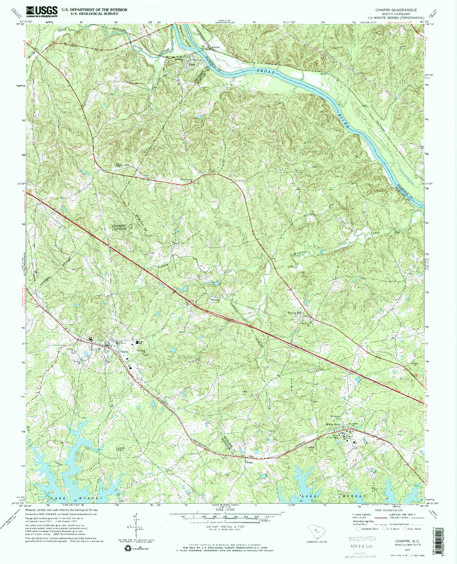 USGS 1:24000-SCALE QUADRANGLE FOR CHAPIN, SC 1971