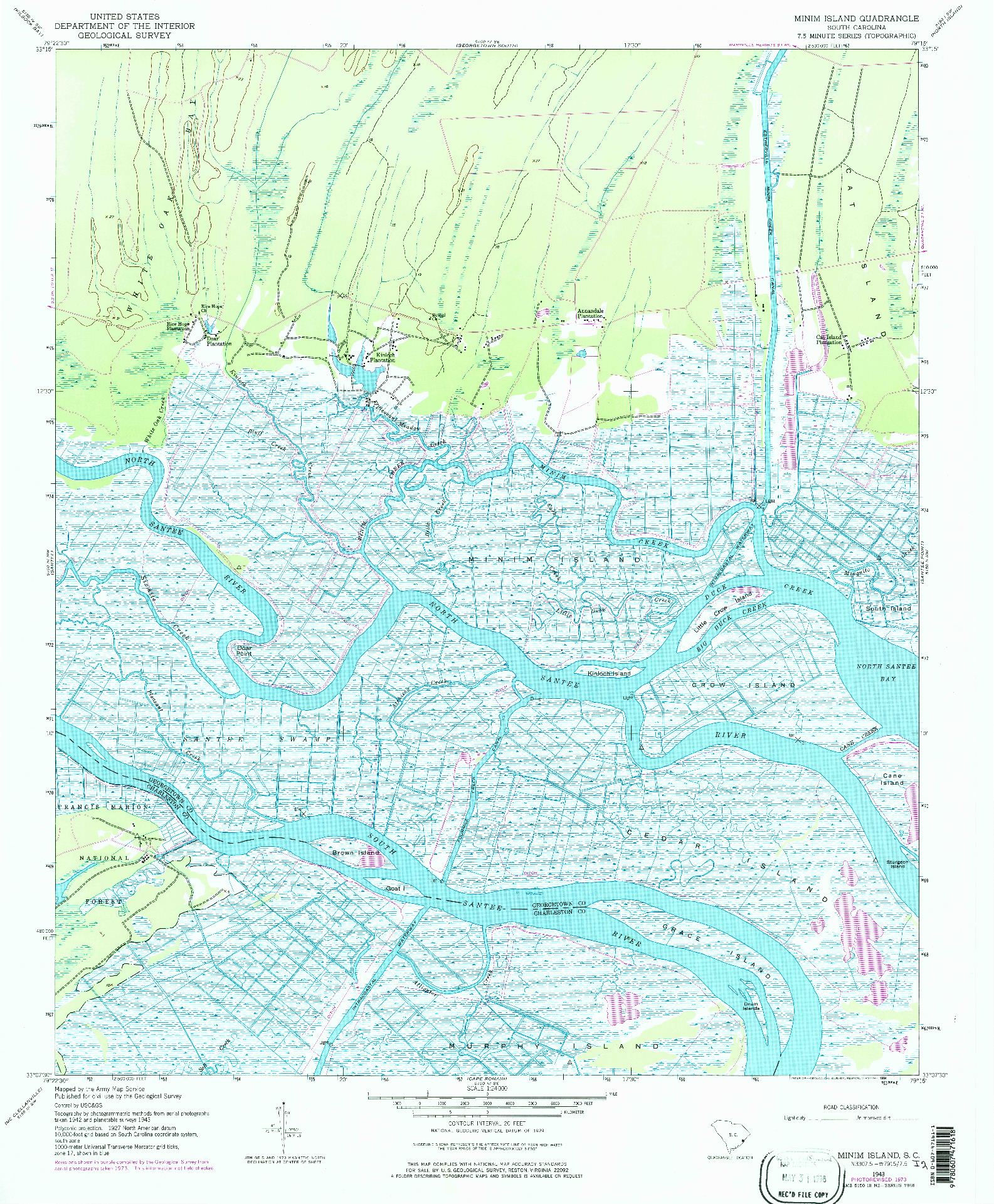 USGS 1:24000-SCALE QUADRANGLE FOR MINIM ISLAND, SC 1943