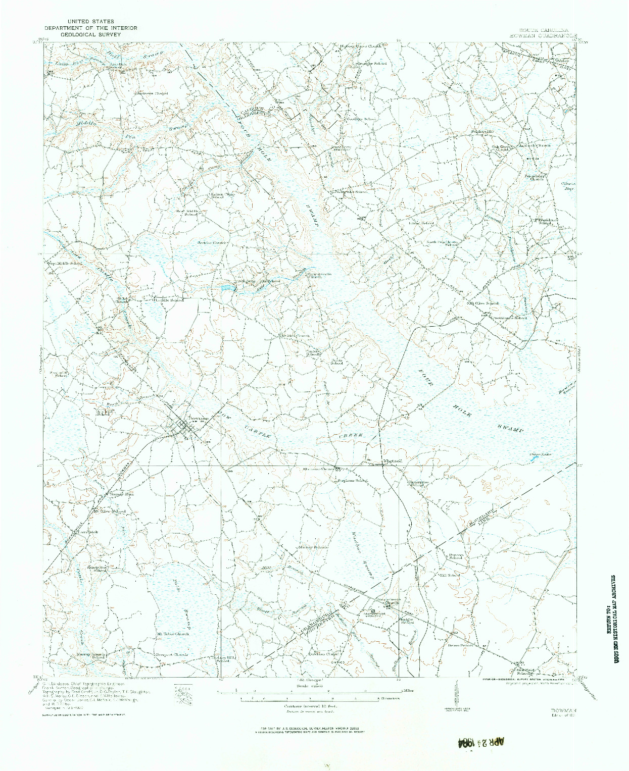 USGS 1:62500-SCALE QUADRANGLE FOR BOWMAN, SC 1921
