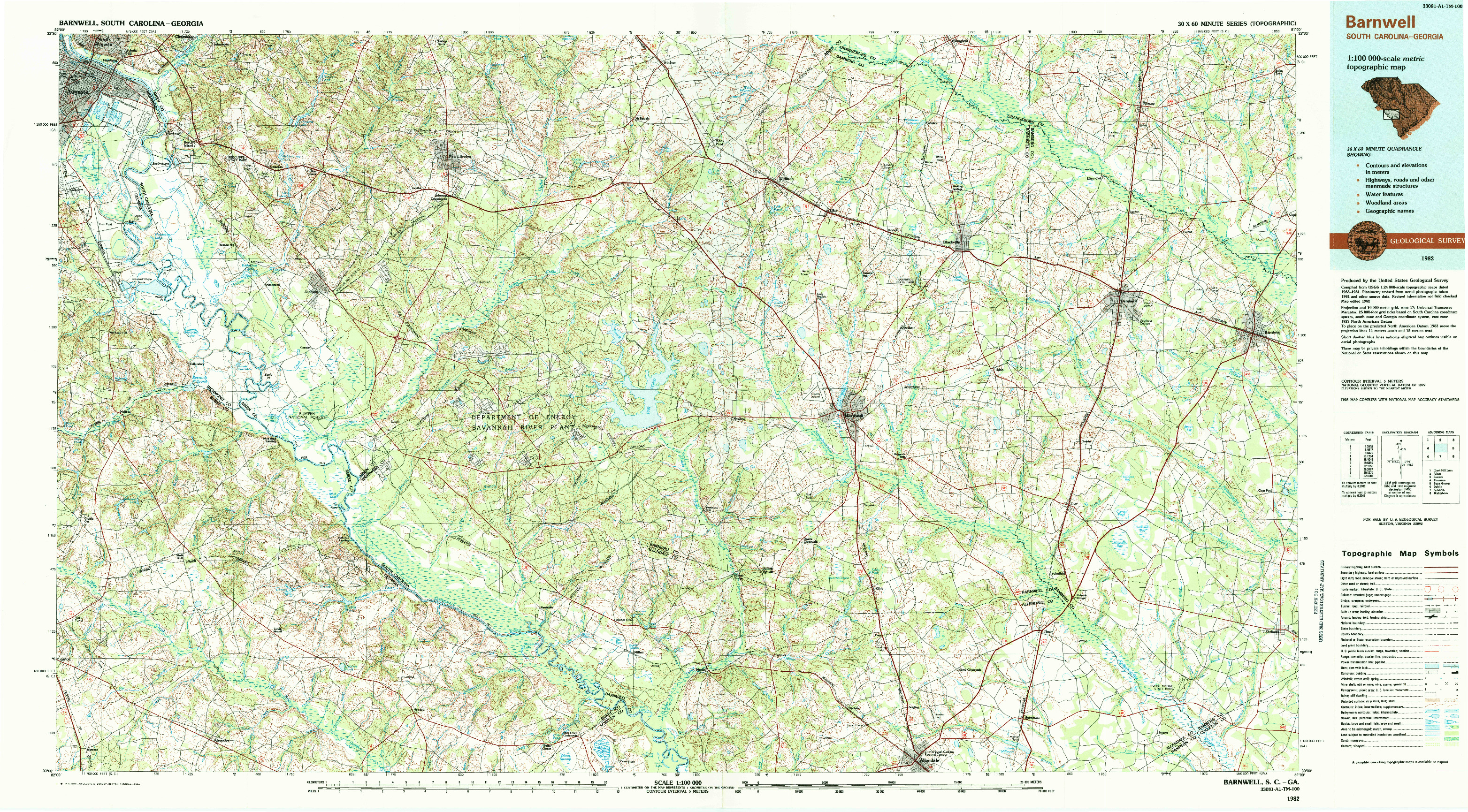 USGS 1:100000-SCALE QUADRANGLE FOR BARNWELL, SC 1982