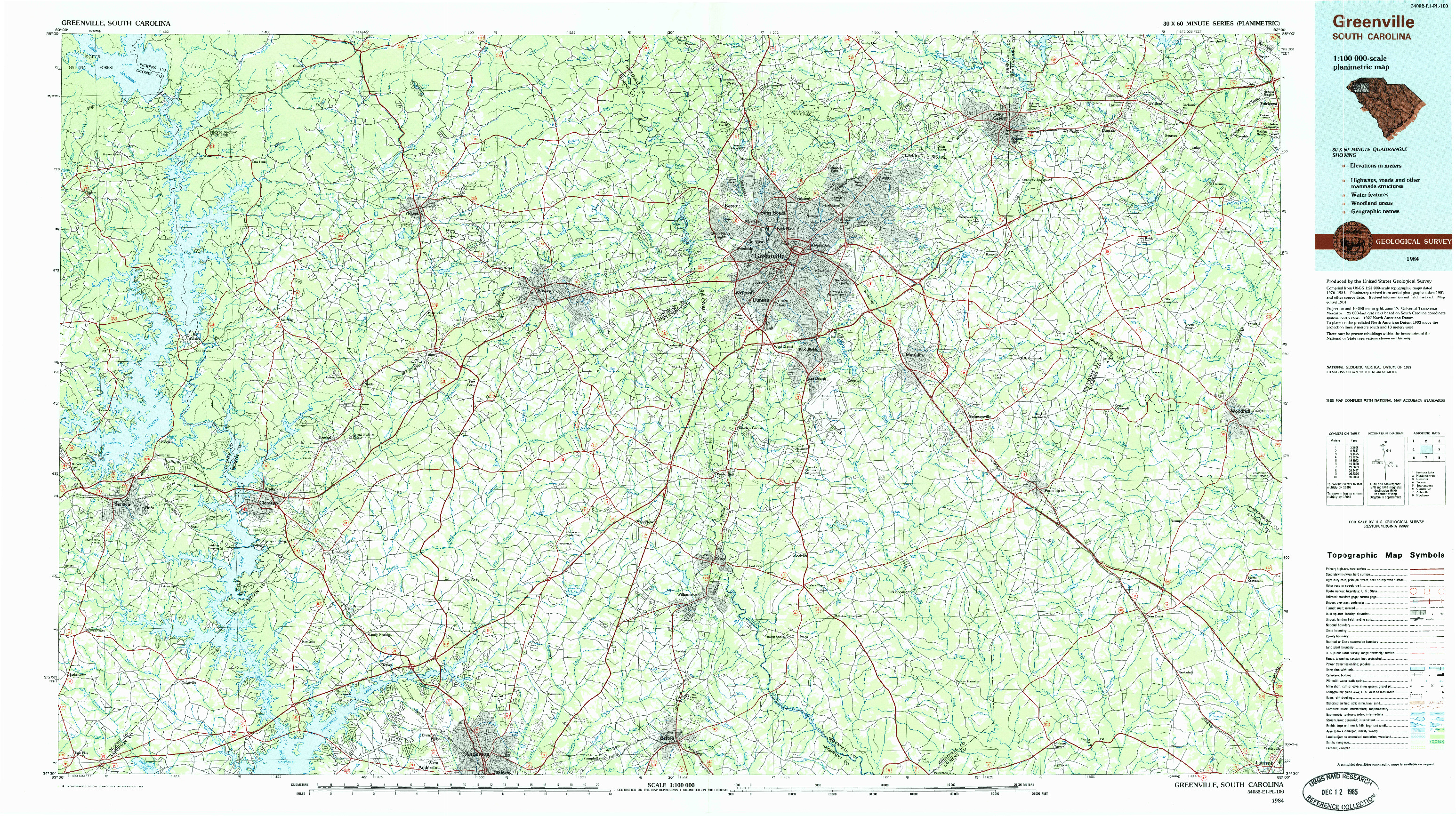 USGS 1:100000-SCALE QUADRANGLE FOR GREENVILLE, SC 1984