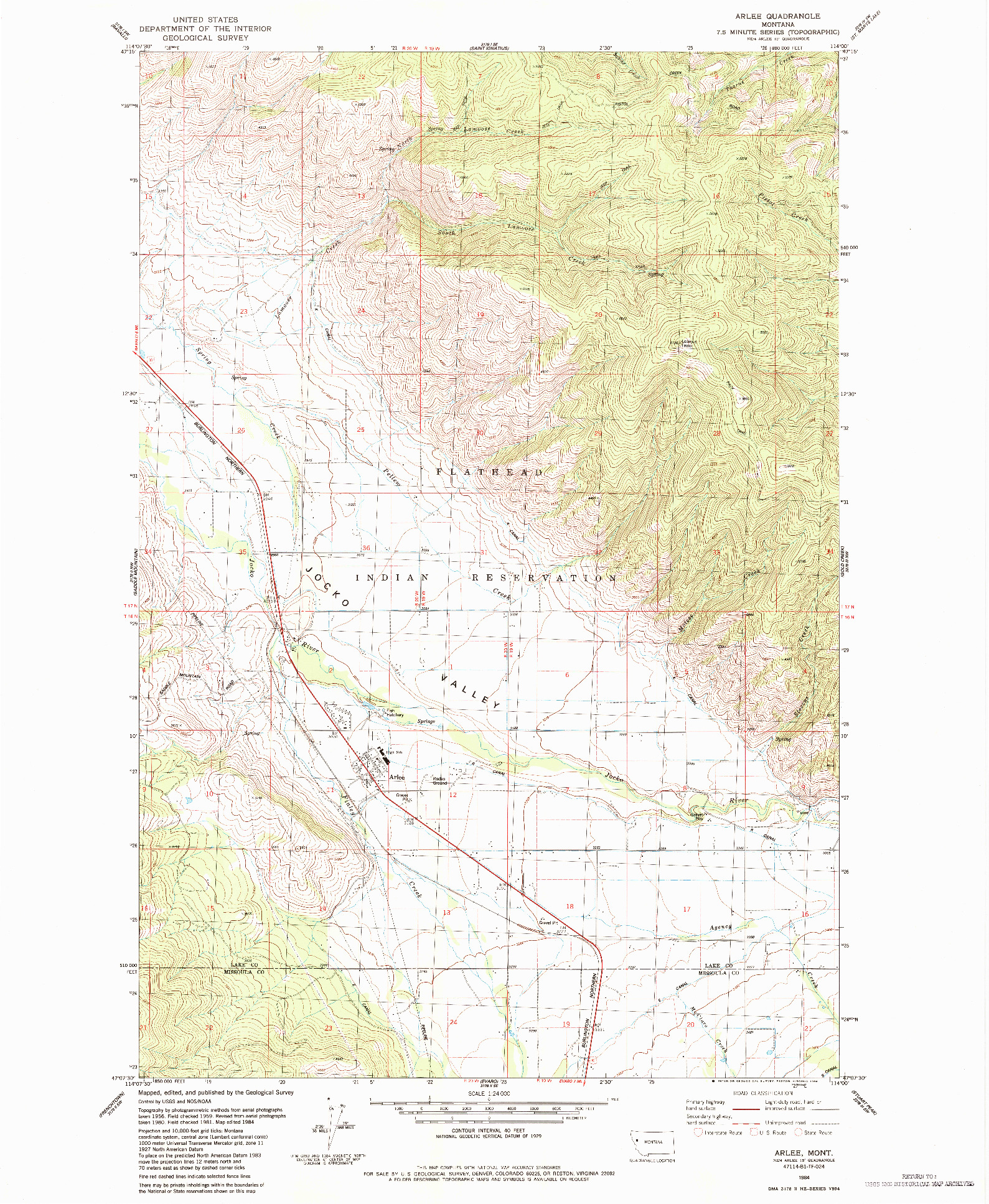USGS 1:24000-SCALE QUADRANGLE FOR ARLEE, MT 1984