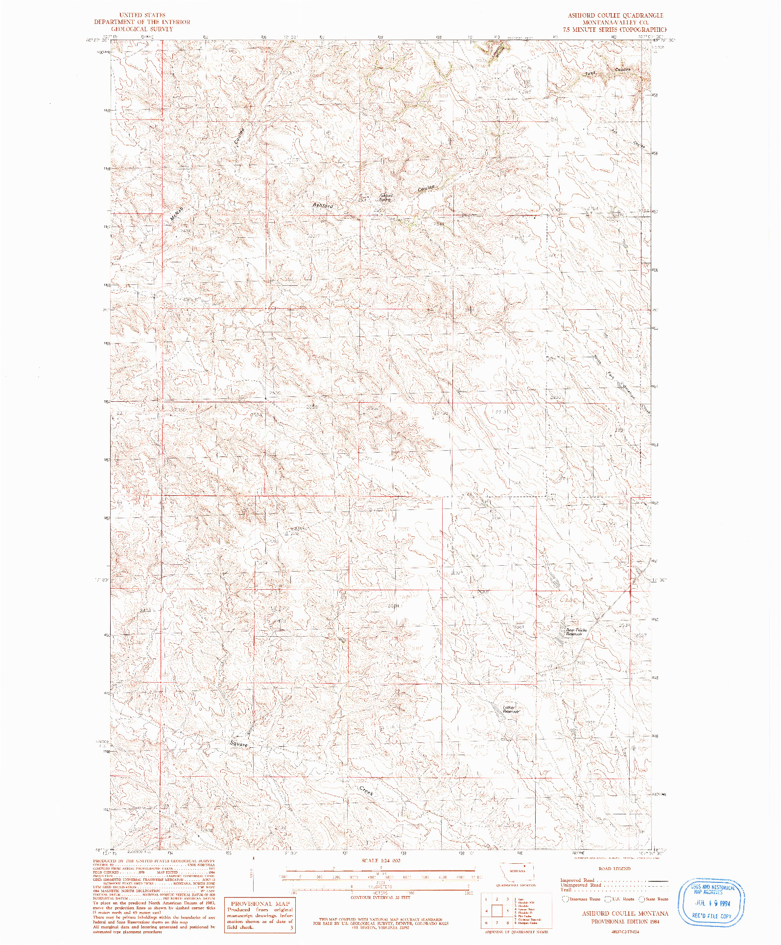 USGS 1:24000-SCALE QUADRANGLE FOR ASHFORD COULEE, MT 1984