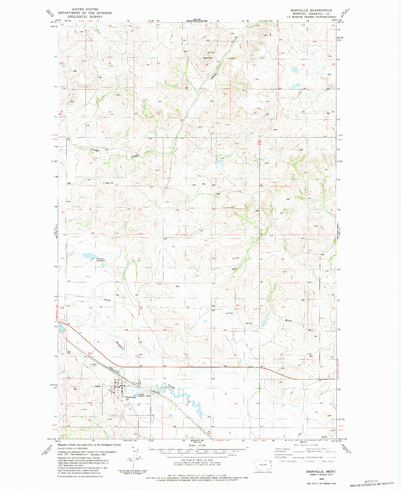 USGS 1:24000-SCALE QUADRANGLE FOR BAINVILLE, MT 1983