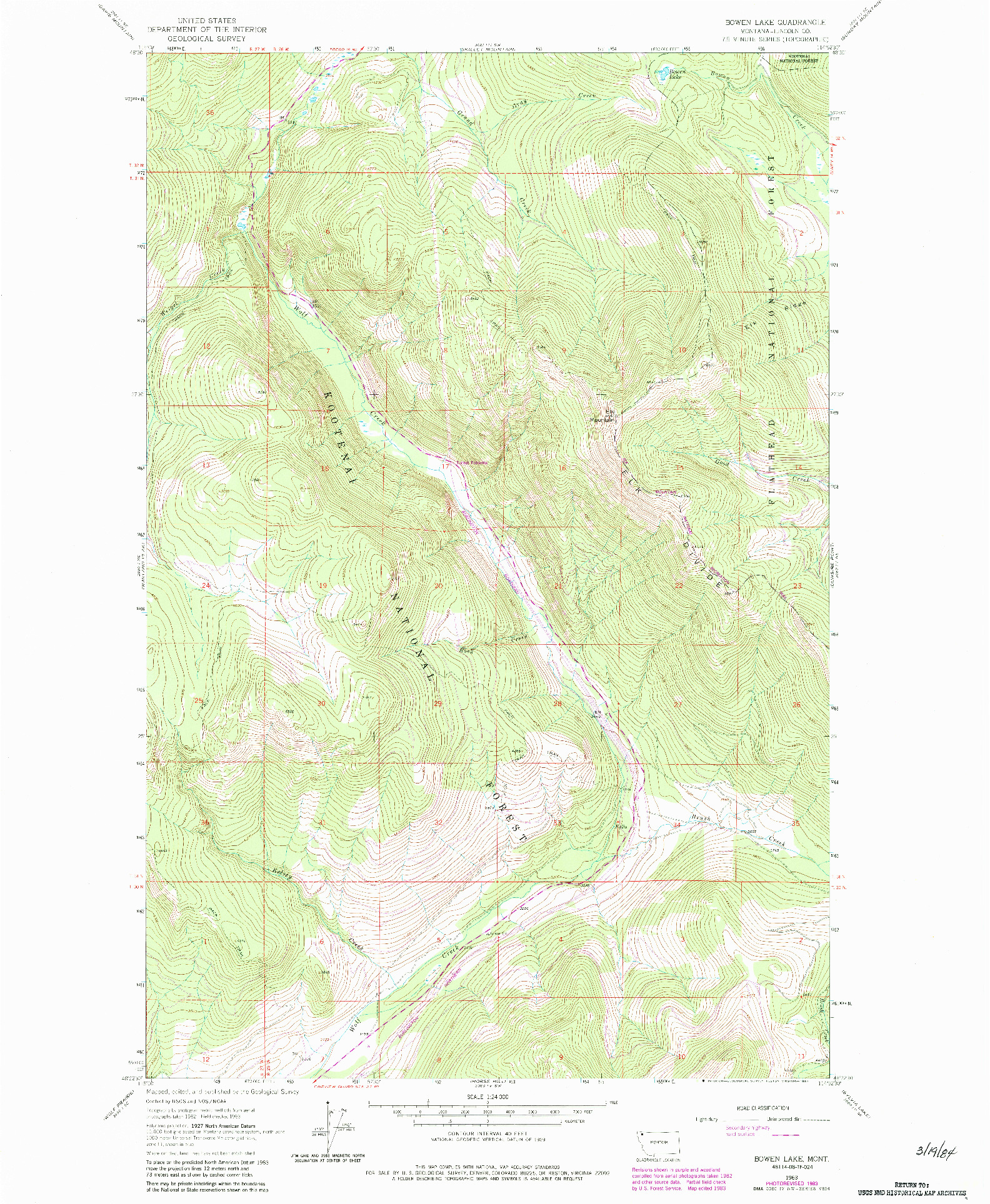 USGS 1:24000-SCALE QUADRANGLE FOR BOWEN LAKE, MT 1963