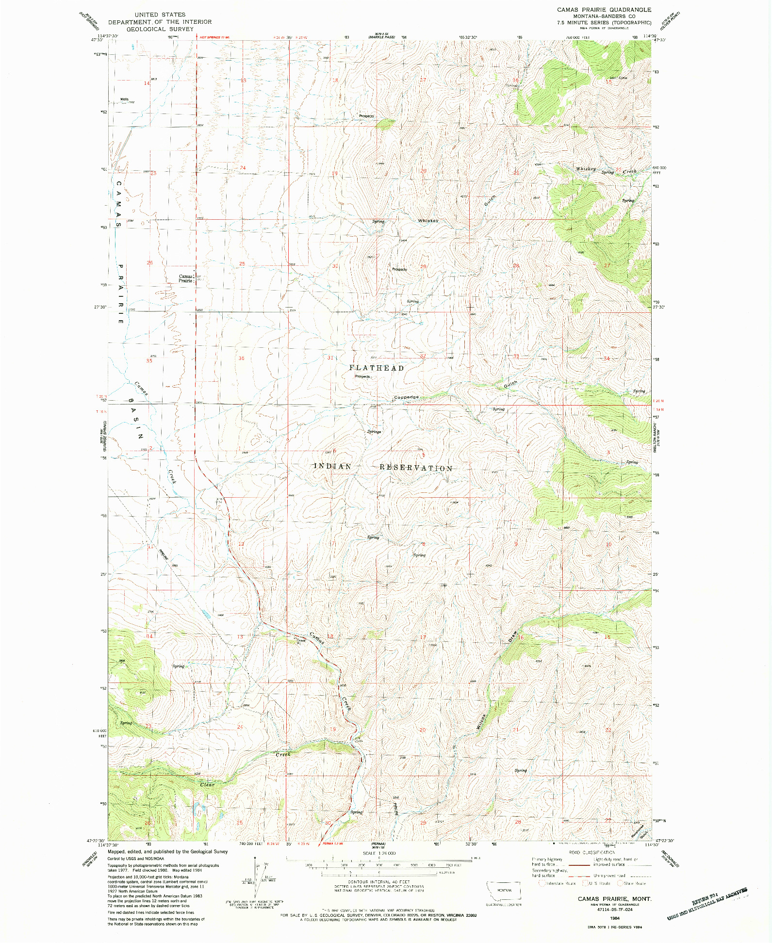 USGS 1:24000-SCALE QUADRANGLE FOR CAMAS PRAIRIE, MT 1984