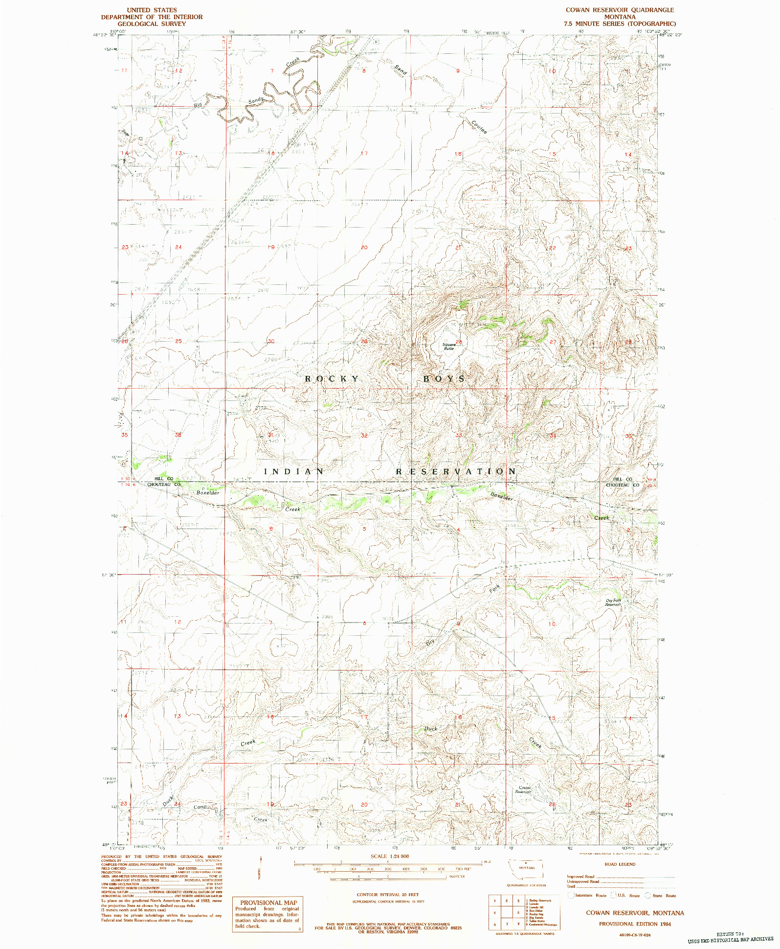 USGS 1:24000-SCALE QUADRANGLE FOR COWAN RESERVOIR, MT 1984